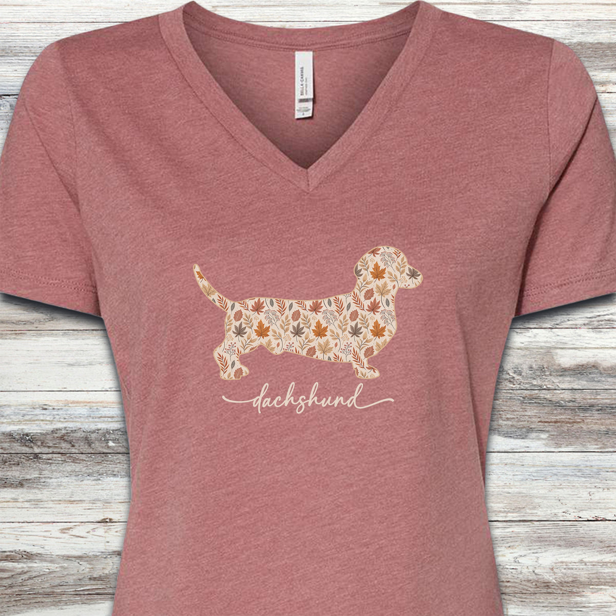 Dachshund Fall V-Neck Tee - Heather Mauve