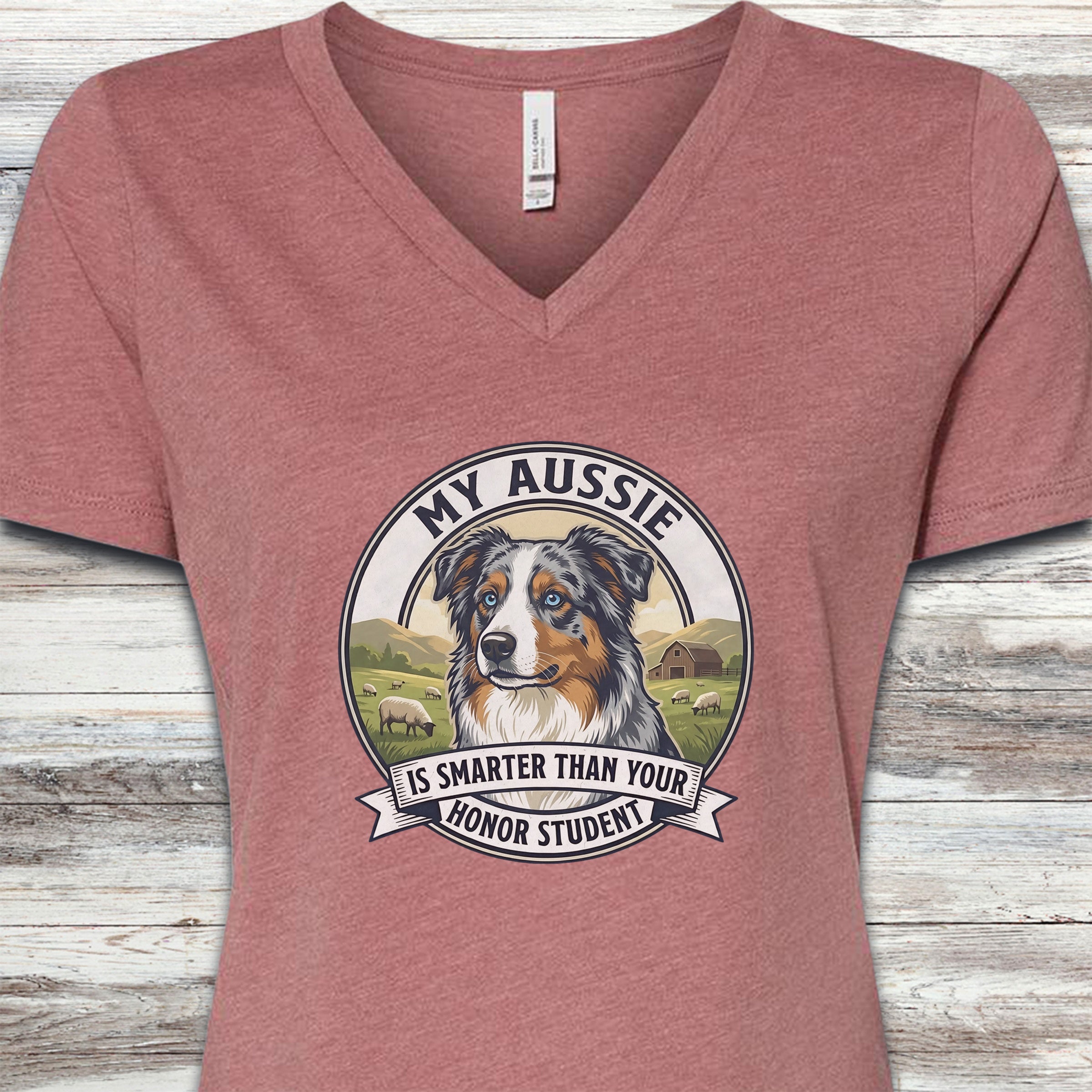 Australian Shepherd Aussie Smart V-Neck Tee - Heather Mauve