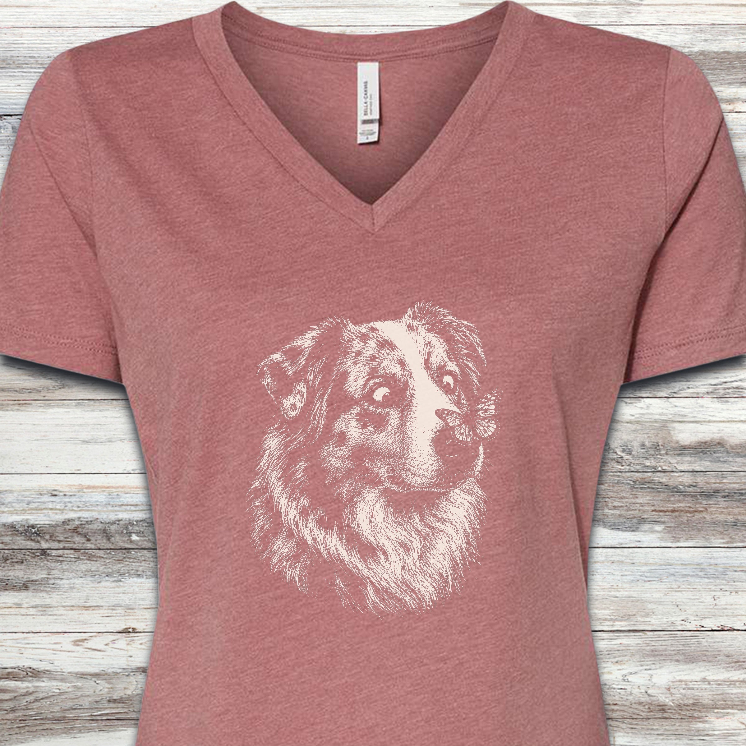 Australian Shepherd Butterfly V-Neck Tee - Heather Mauve