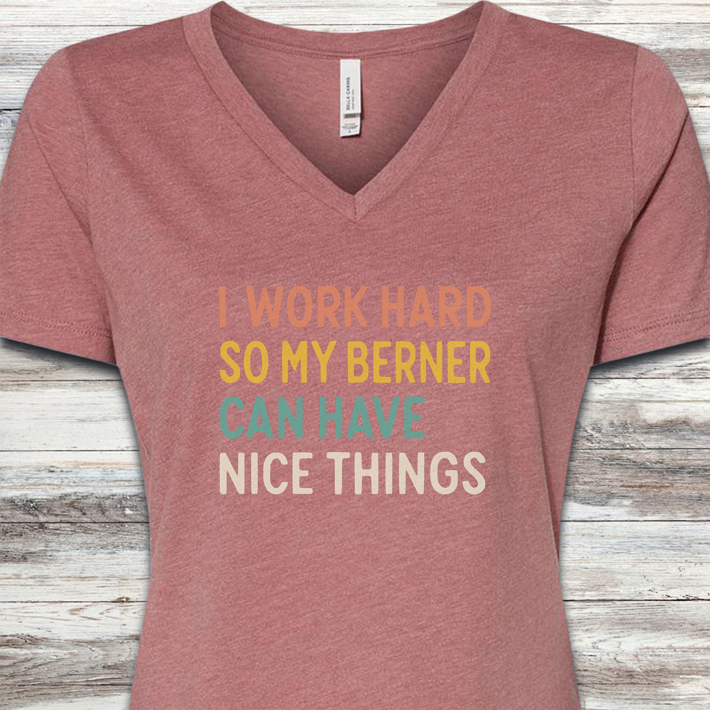 I Work Hard Bernese Mountain Dog V-Neck Tee - Heather Mauve