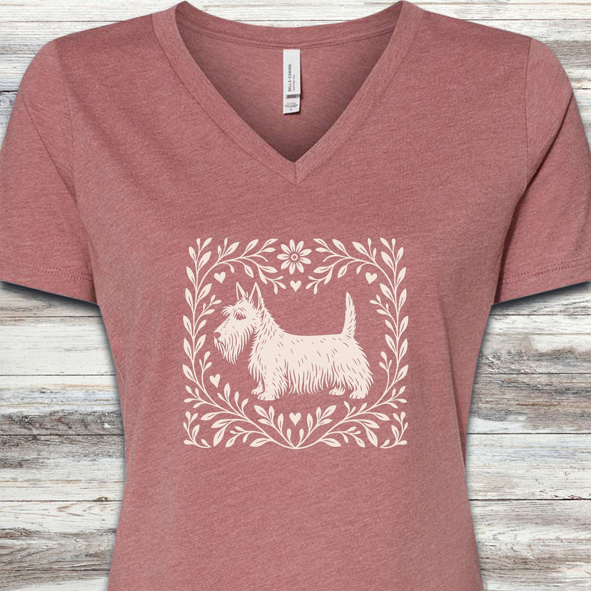 Scottish Terrier Linocut V-Neck Tee - Heather Mauve