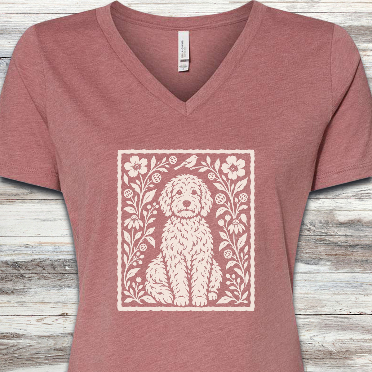 Doodle Folk Art Floral V-Neck Tee - Heather Mauve