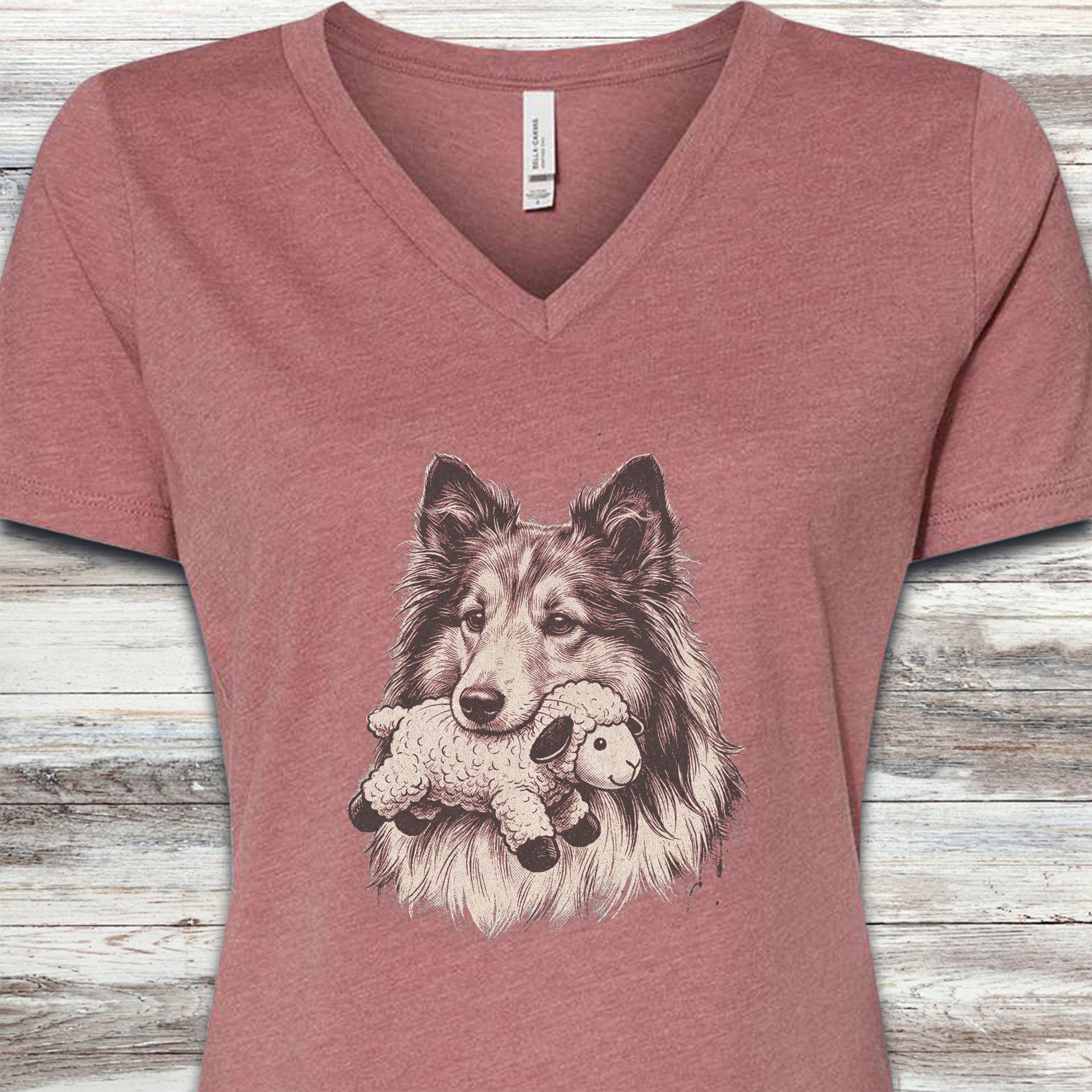 Shetland Sheepdog Favorite Toy V-Neck Tee - Heather Mauve