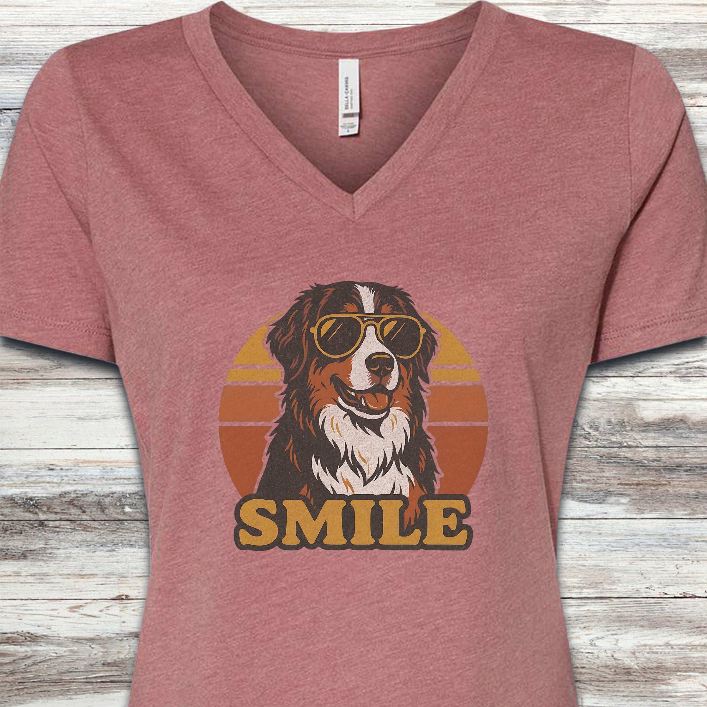 Bernese Mountain Dog Smile V-Neck Tee - Heather Mauve