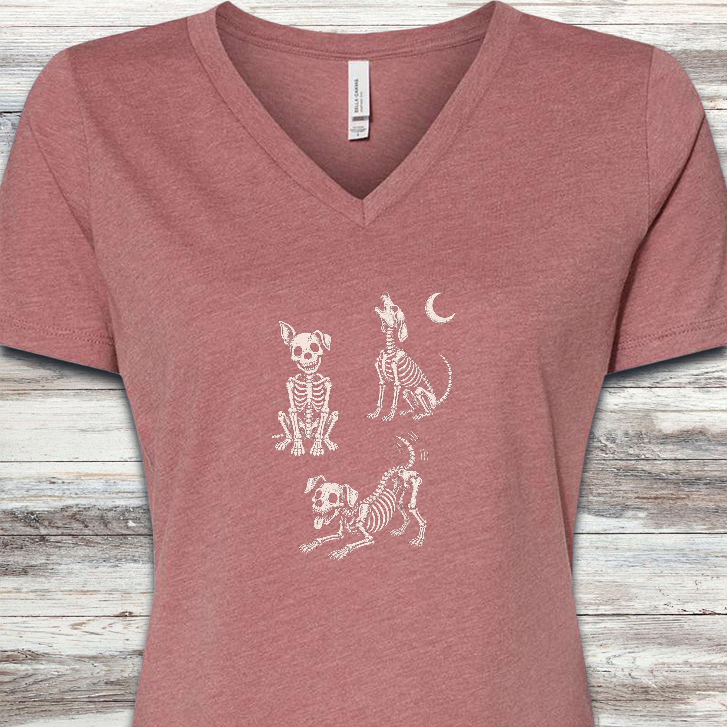 Skelly Dog V-Neck Tee - Heather Mauve