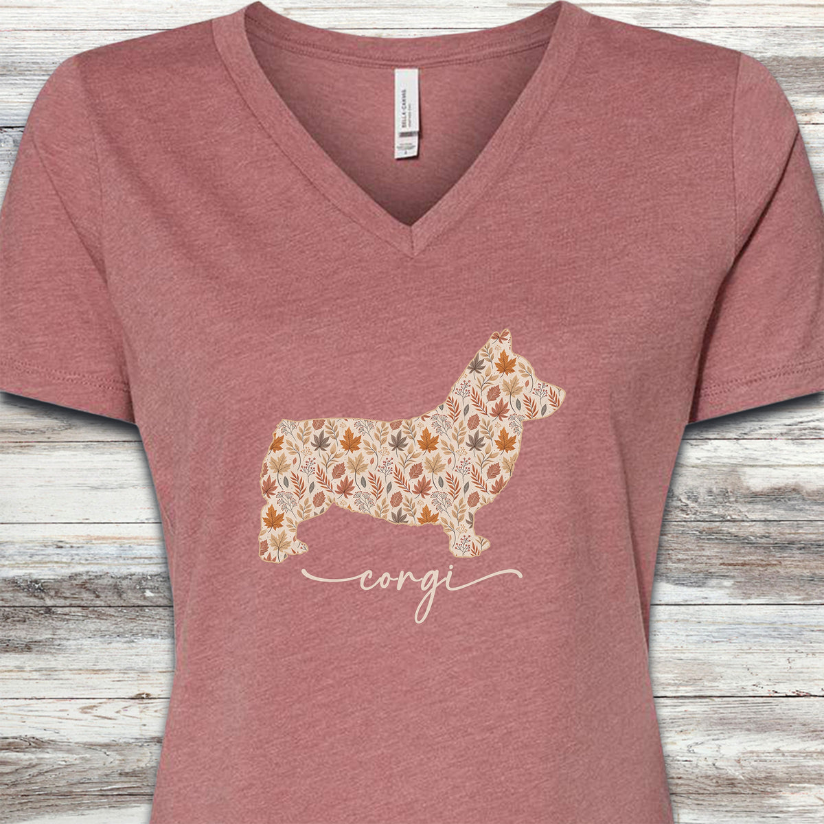 Corgi Fall V-Neck Tee - Heather Mauve