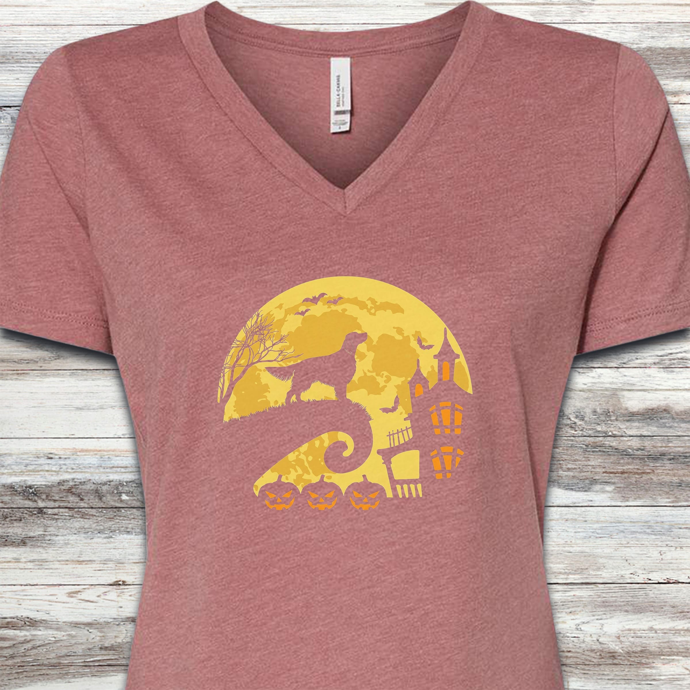 English Setter Halloween Moon V-Neck Tee - Heather Mauve