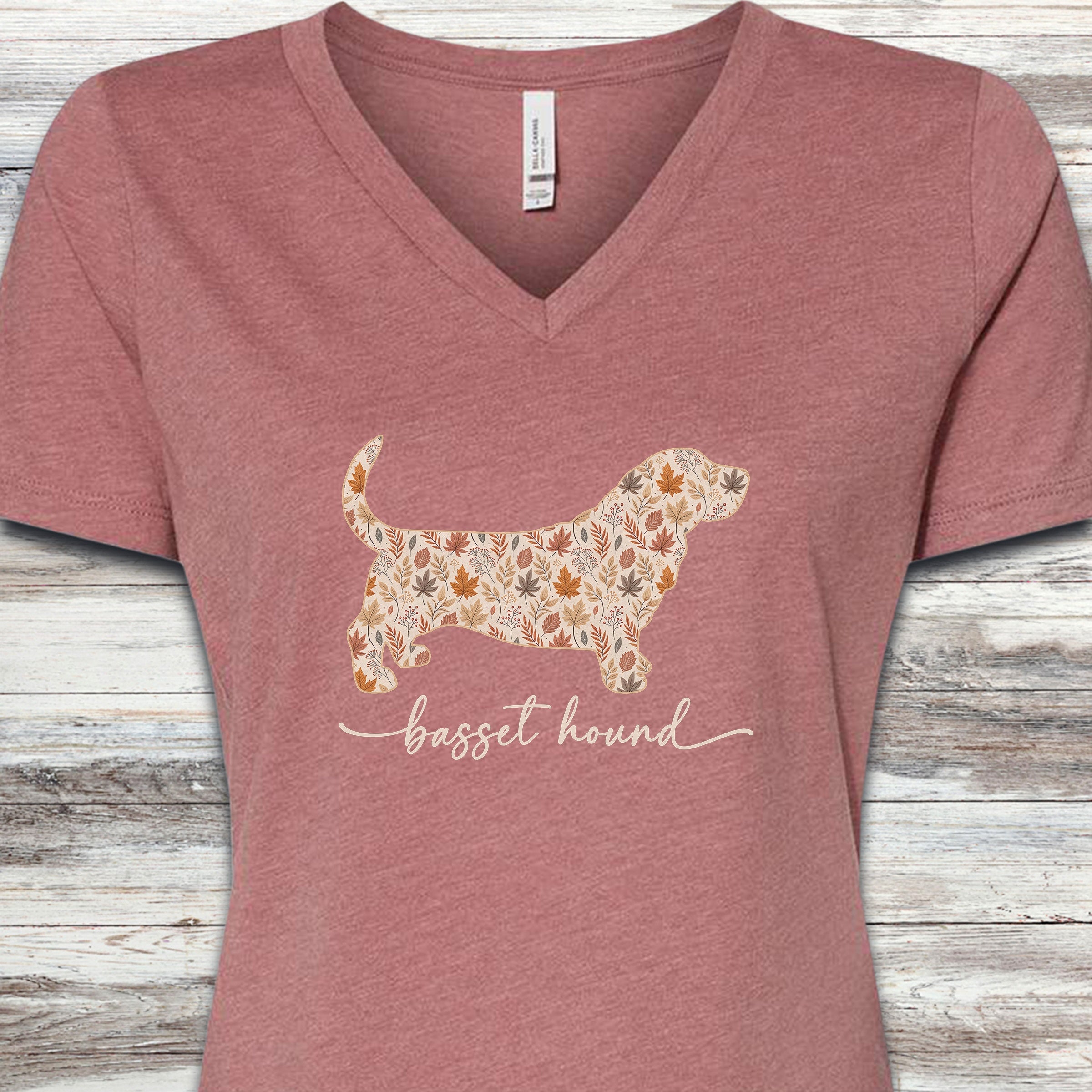 Basset Hound Fall V-Neck Tee - Heather Mauve