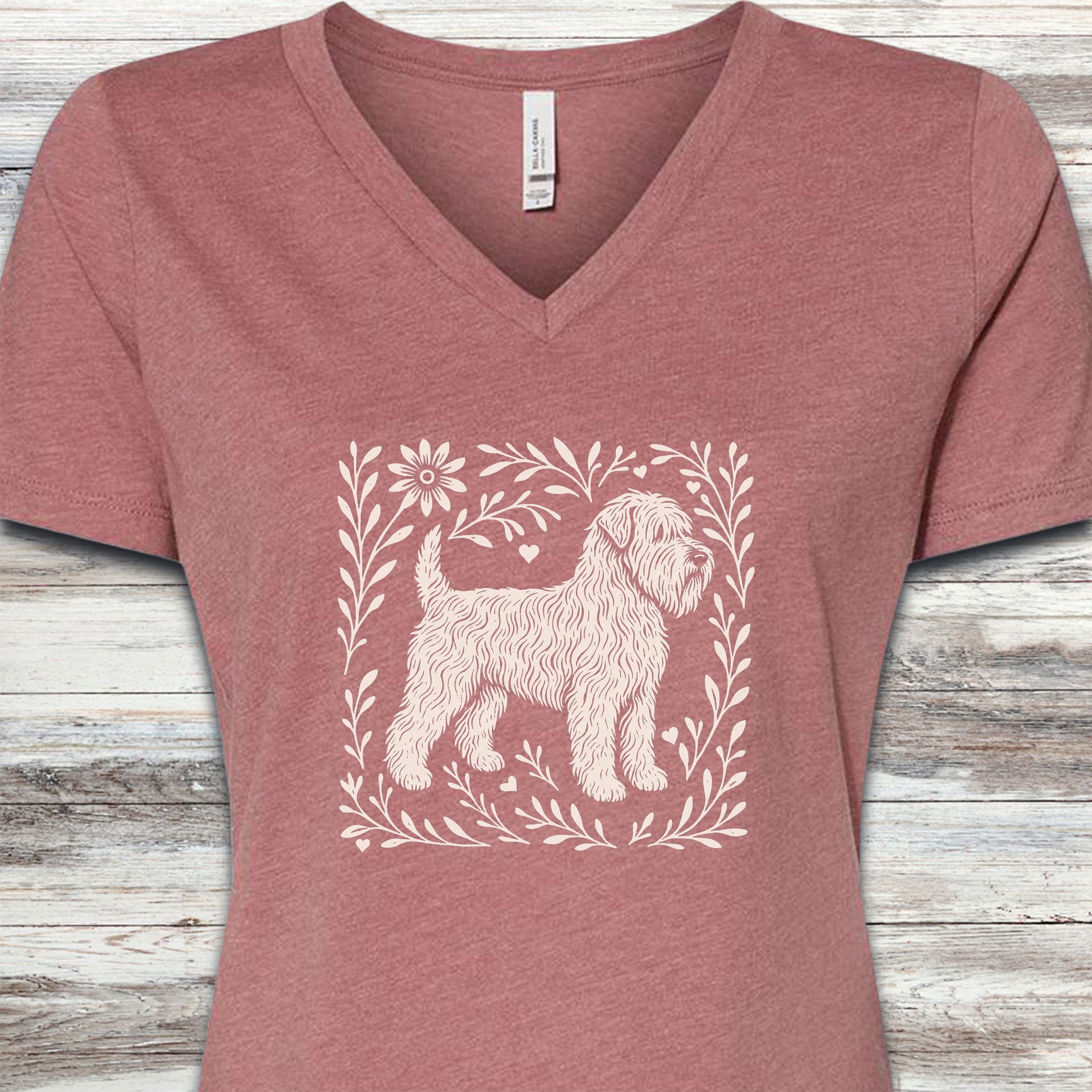 Wheaten Terrier Linocut V-Neck Tee - Heather Mauve
