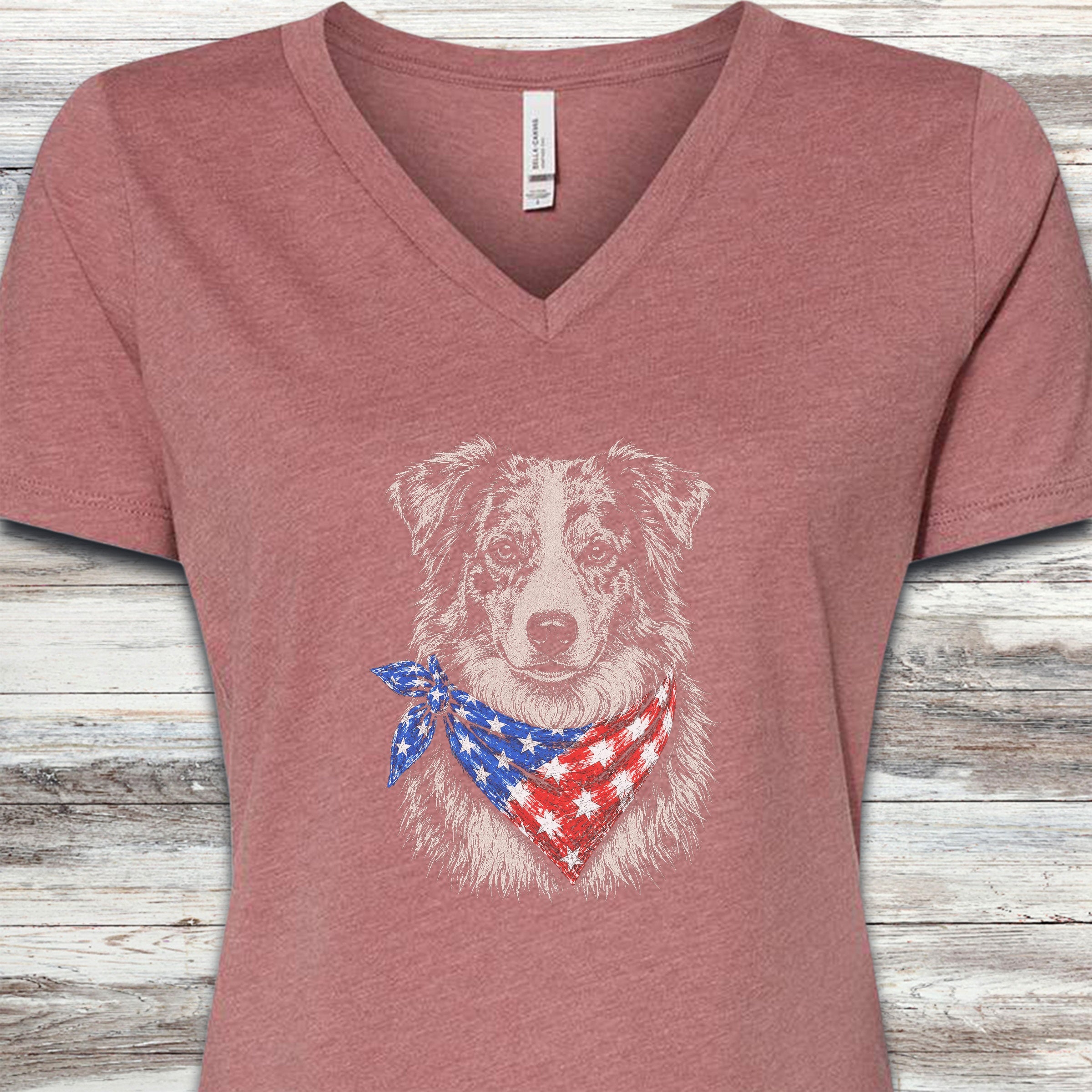 Australian Shepherd Merle Patriot V-Neck Tee - Heather Mauve