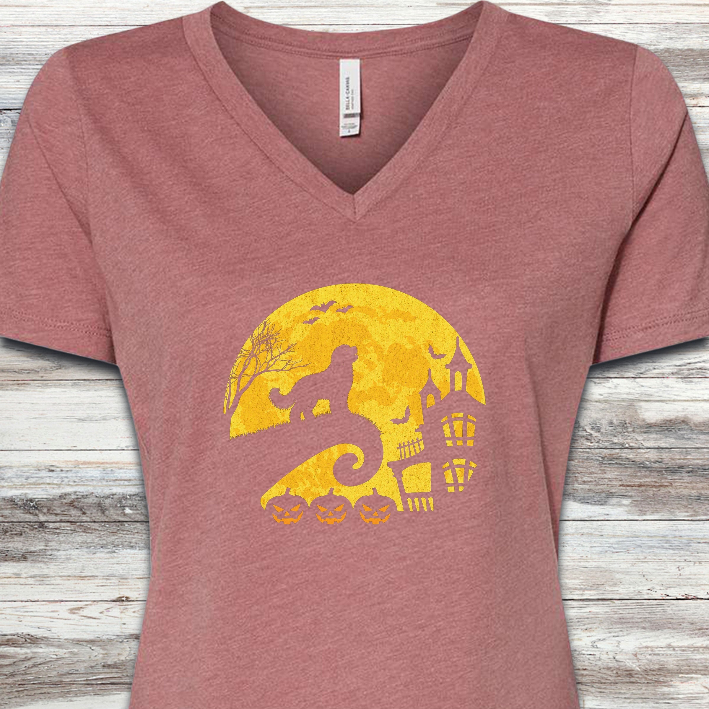 Bernedoodle Halloween Moon V-Neck Tee - Heather Mauve