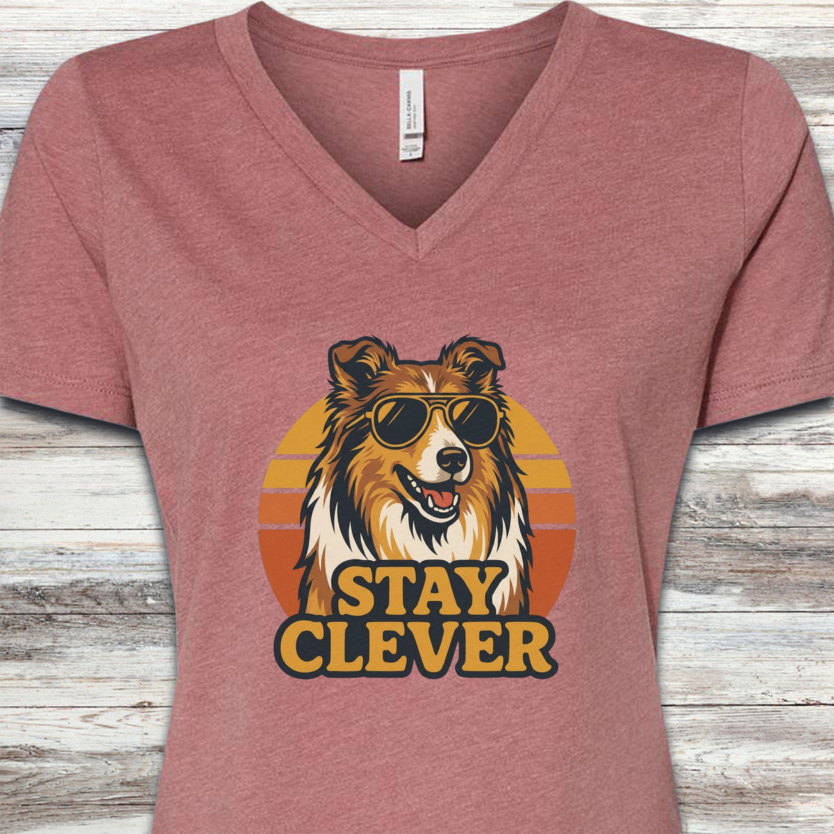 Rough Collie Stay Clever V-Neck Tee - Heather Mauve