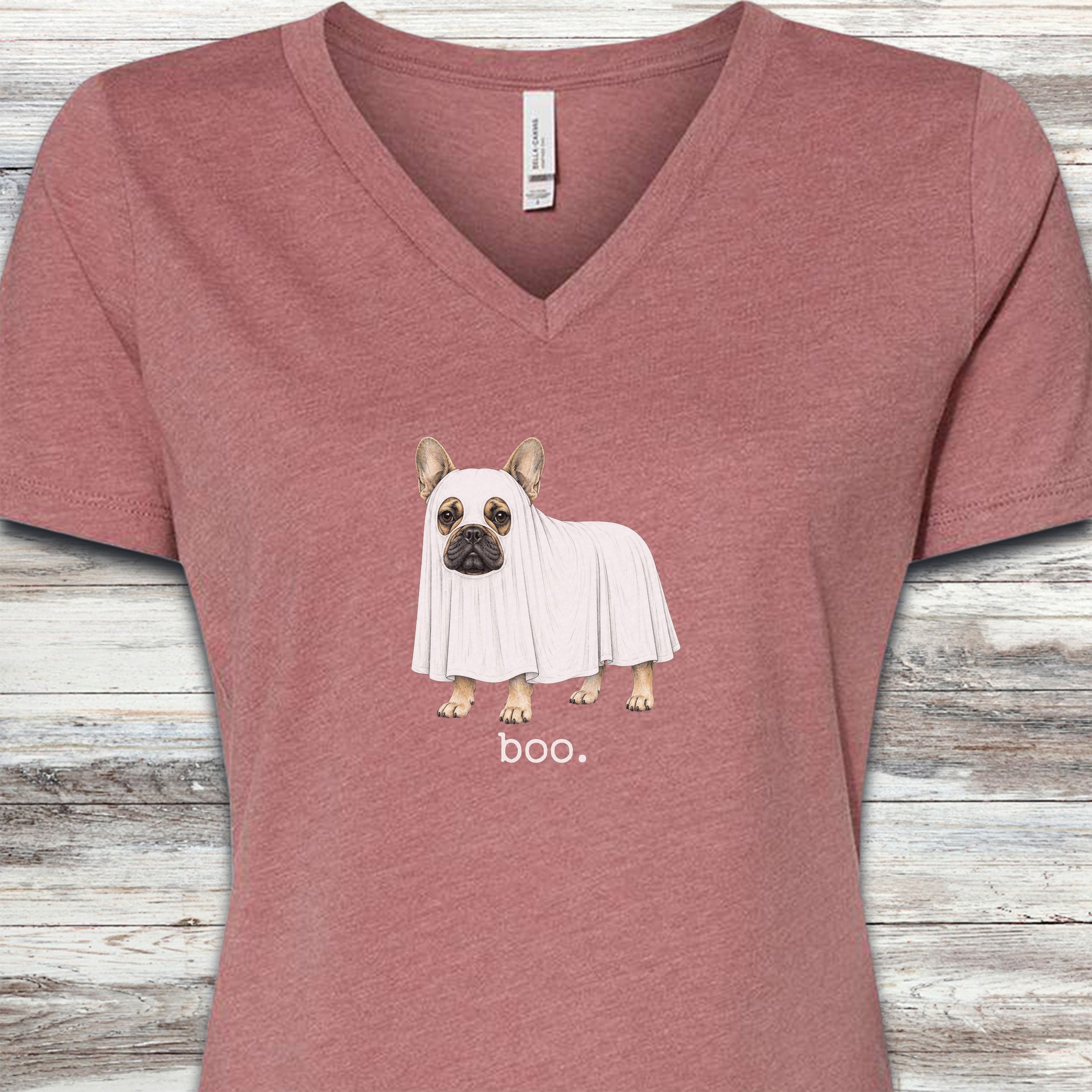 French Bulldog Boo V-Neck Tee - Heather Mauve