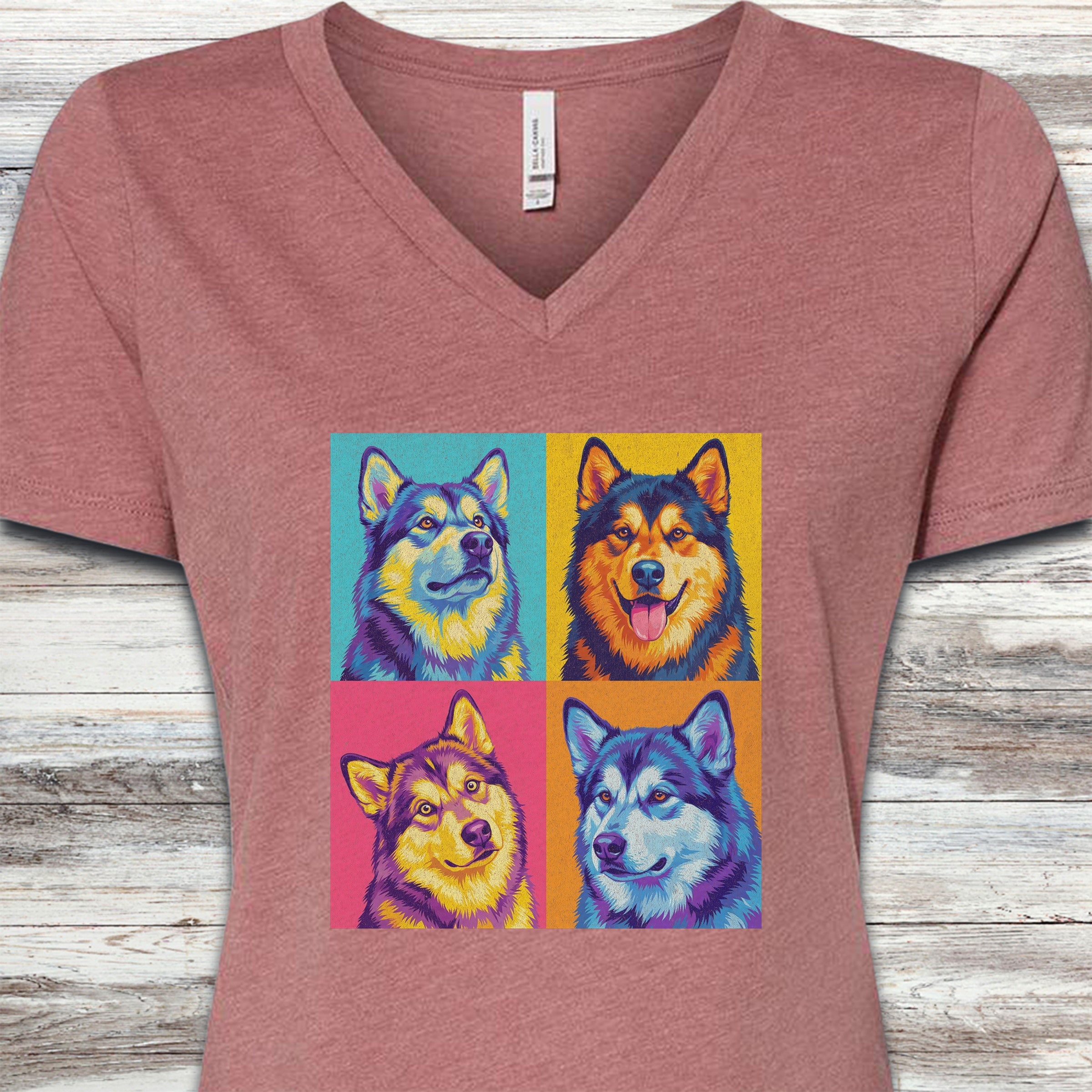 Pop Art Malamute V-Neck Tee - Heather Mauve