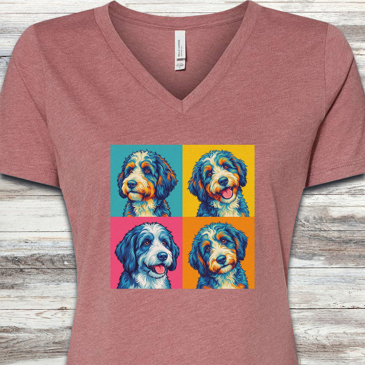 Bernedoodle Pop Art V-Neck Tee - Heather Mauve