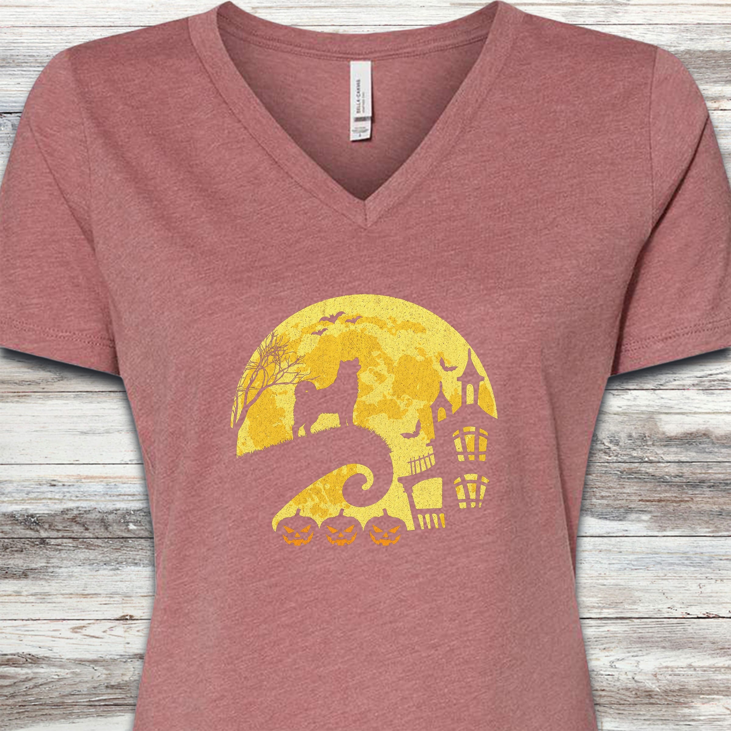 Akita Halloween Moon V-Neck Tee - Heather Mauve
