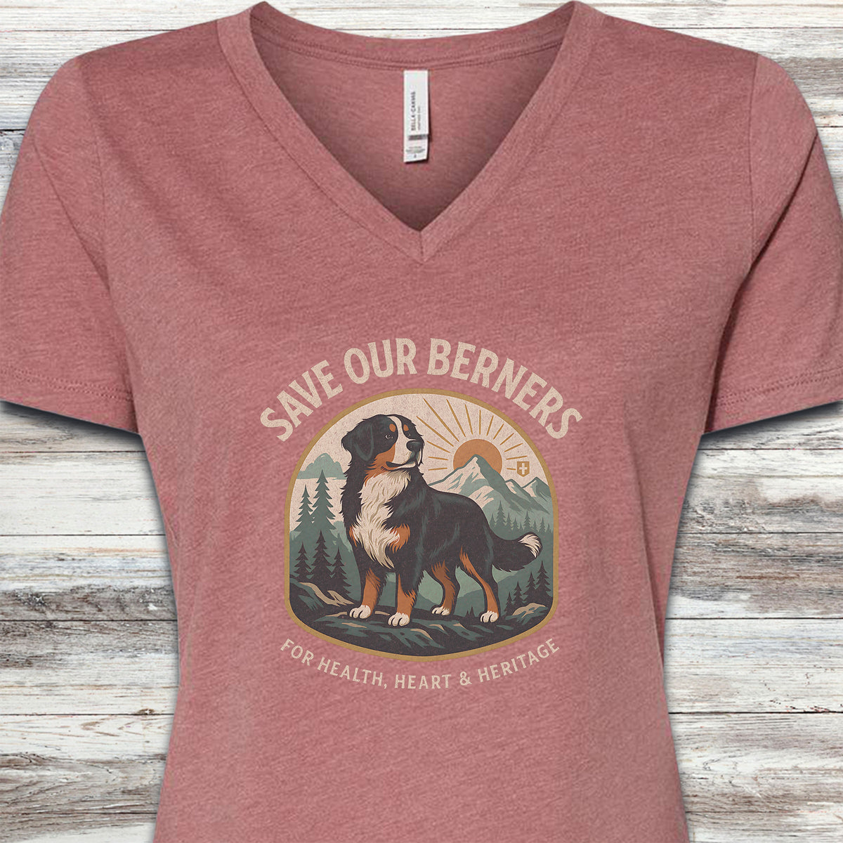 Bernese Mountain Dog Save Berners V-Neck Tee - Heather Mauve