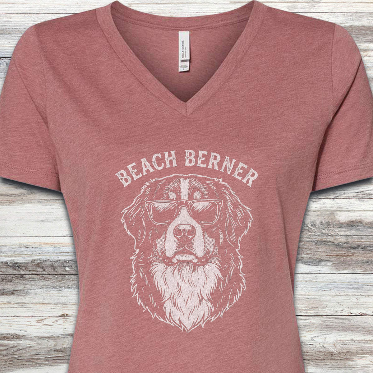 Bernese Mountain Dog Beach Berner V-Neck Tee - Heather Mauve