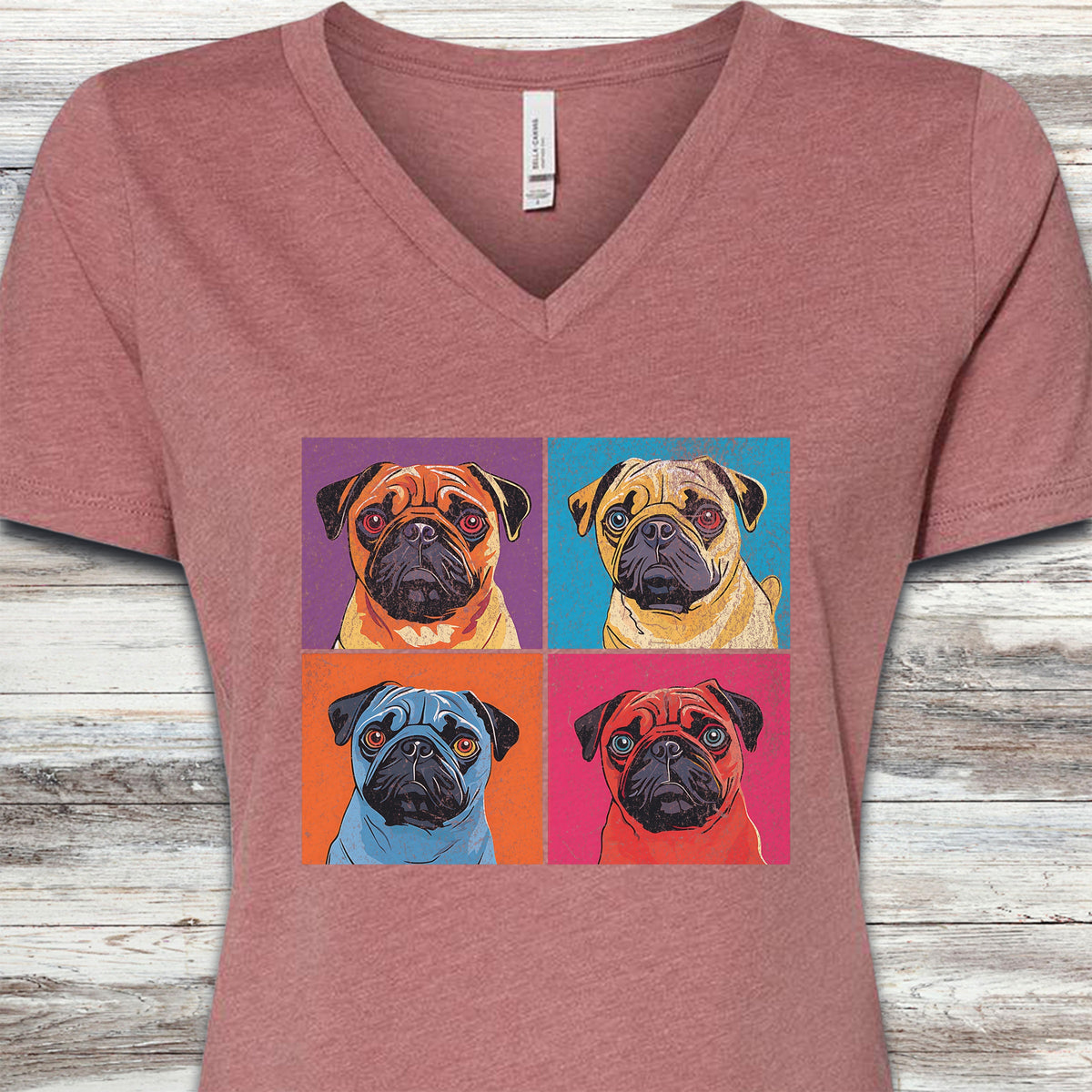 Pug Pop Art V-Neck Tee - Heather Mauve