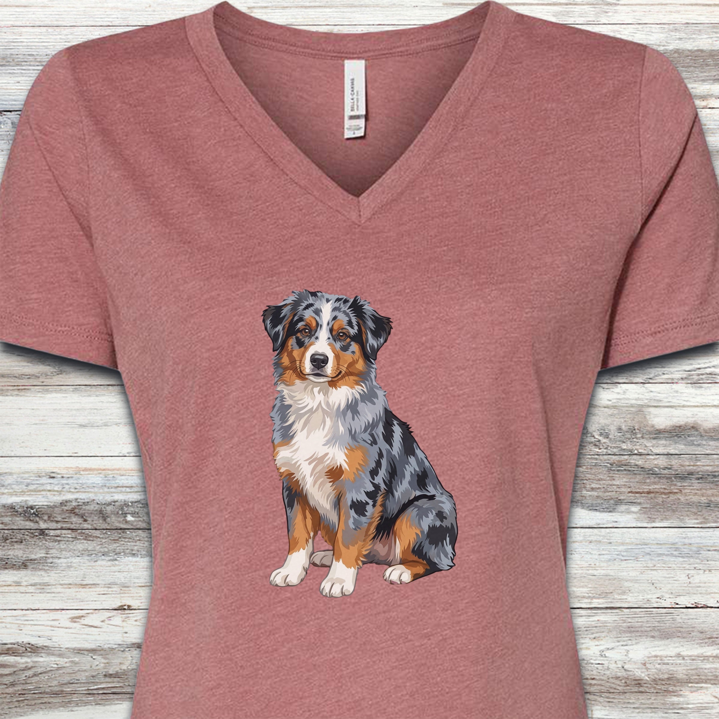 Australian Shepherd Merle Watercolor V-Neck Tee - Heather Mauve