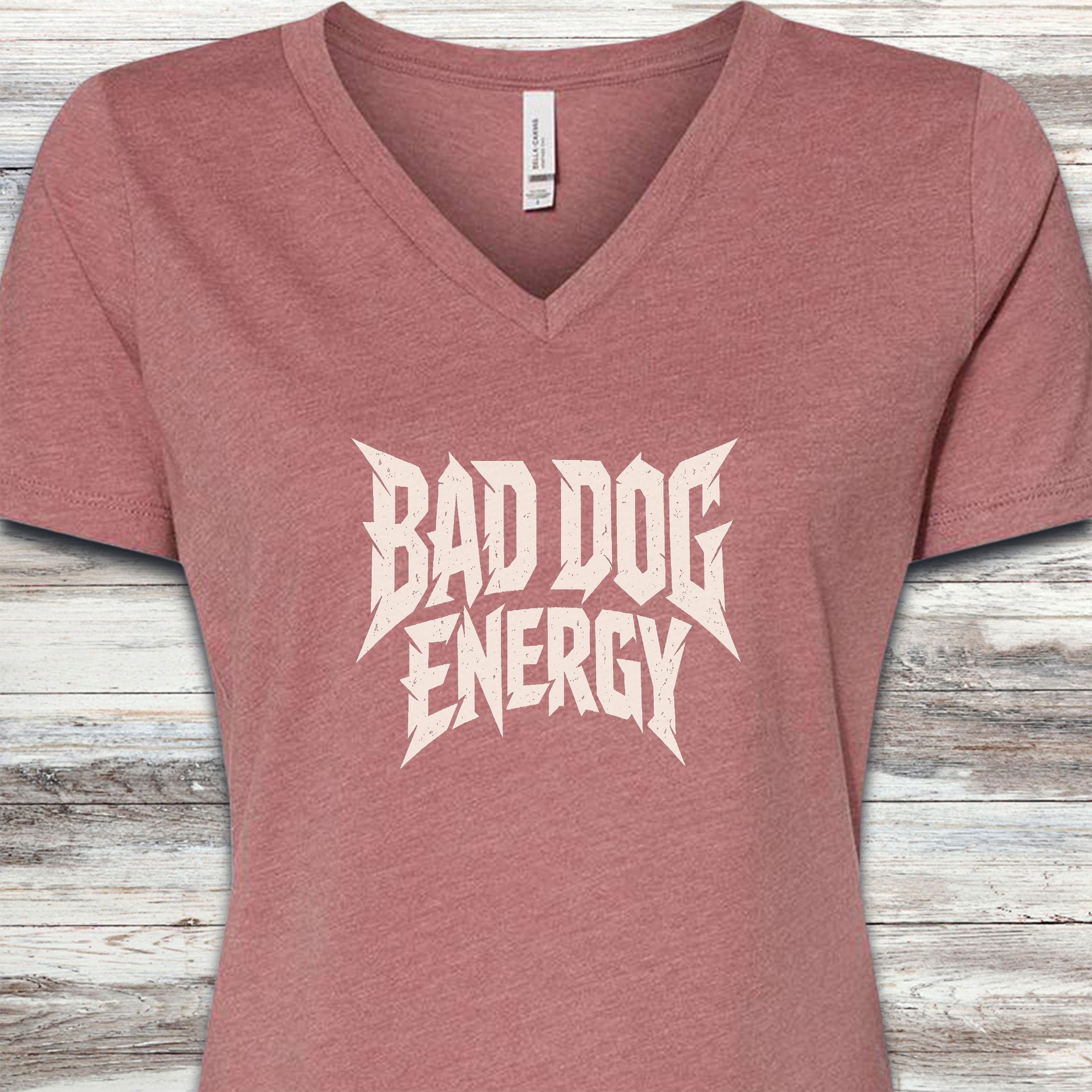 Bad Dog Energy V-Neck Tee - Heather Mauve