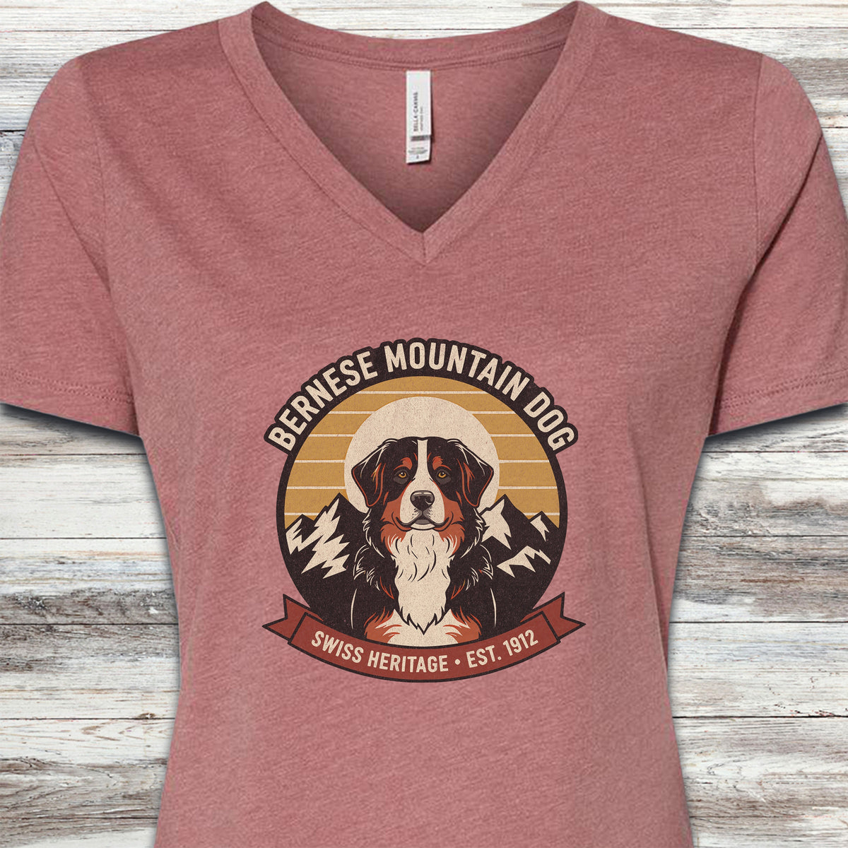 Bernese Mountain Dog Heritage V-Neck Tee - Heather Mauve