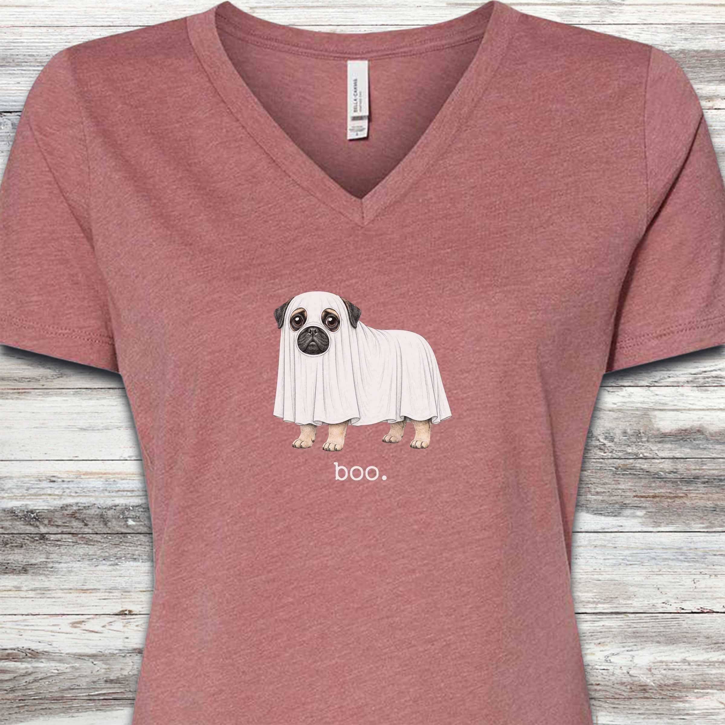 Pug Boo V-Neck Tee - Heather Mauve