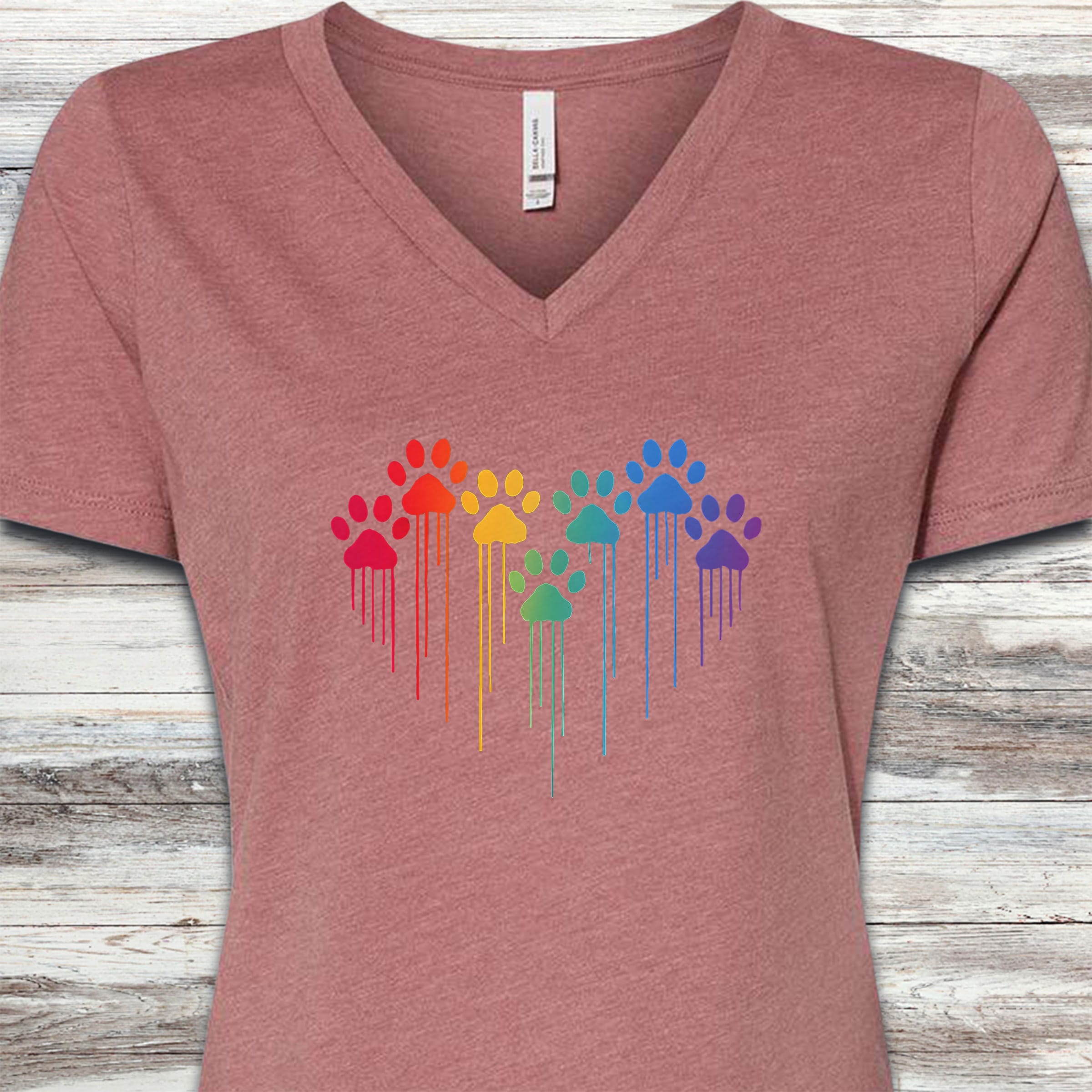 Rainbow Heart Prints V-Neck Tee - Heather Mauve