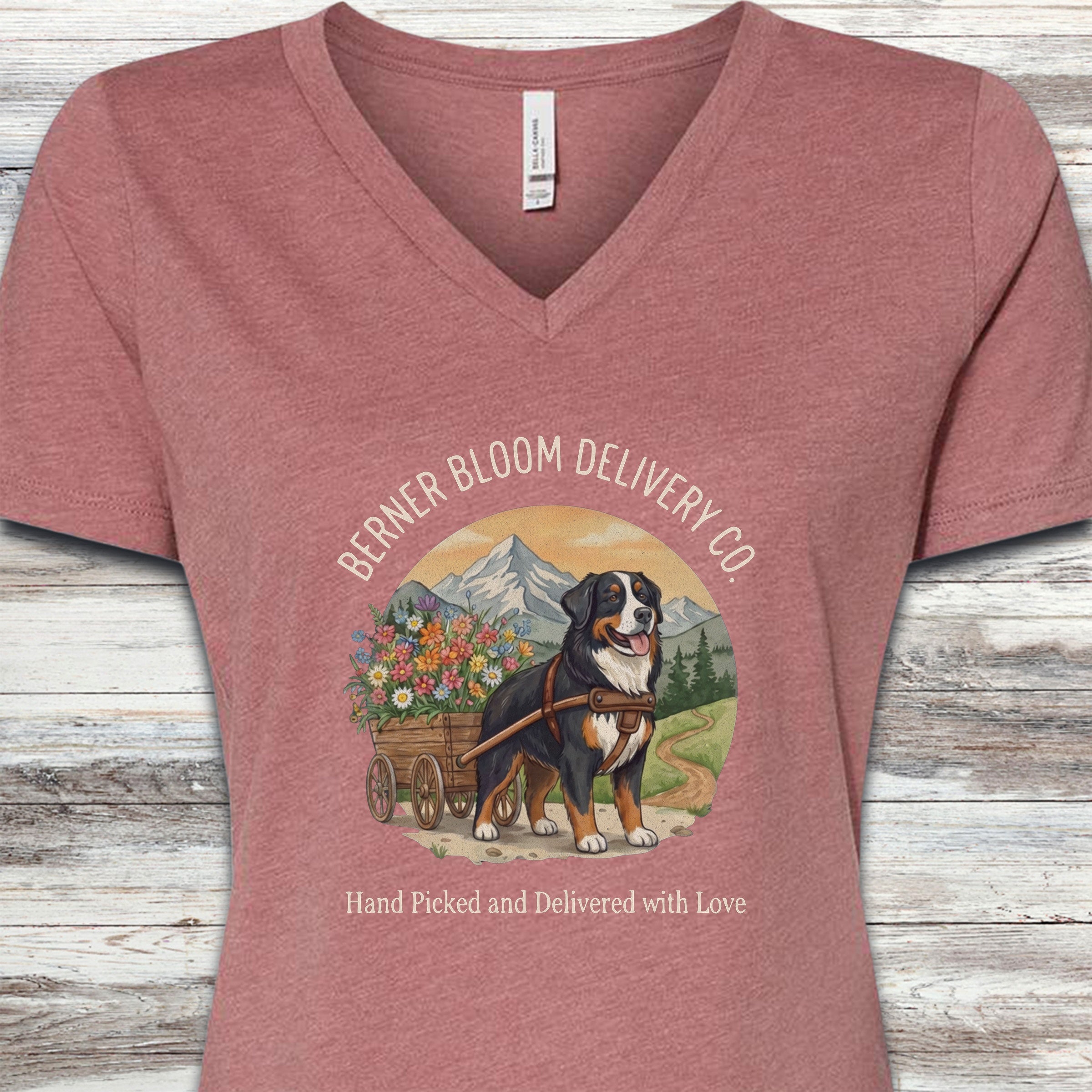 Bernese Mountain Dog Bloom Delivery V-Neck Tee - Heather Mauve