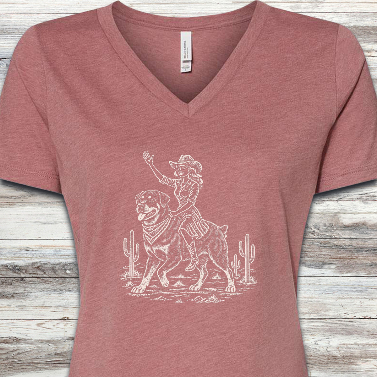 Rottweiler Cowgirl V-Neck Tee - Heather Mauve