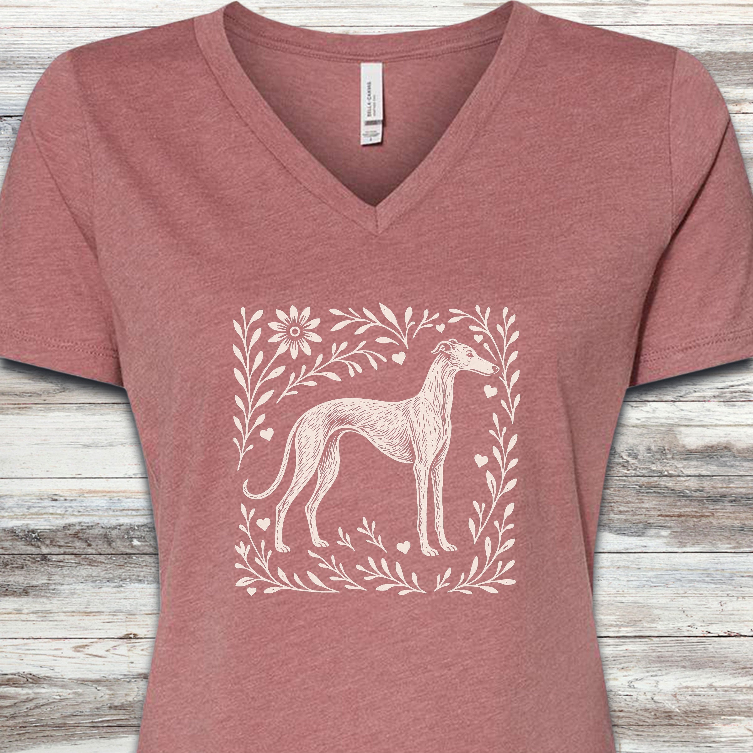 Greyhound Linocut V-Neck Tee - Heather Mauve