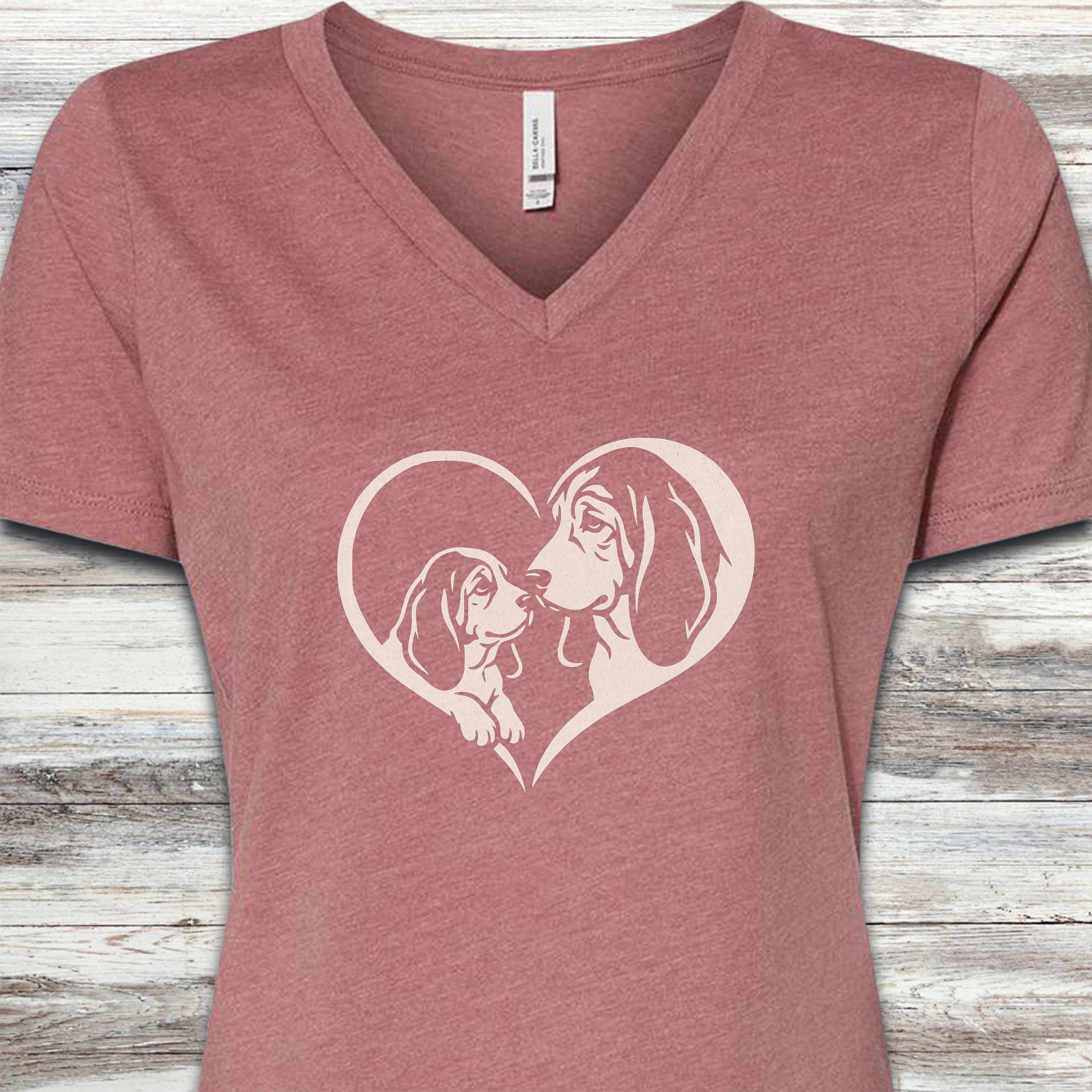 Basset Hound Heart Bond V-Neck Tee - Heather Mauve