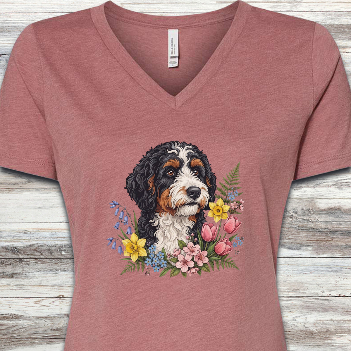 Bernedoodle Spring Portrait V-Neck Tee - Heather Mauve