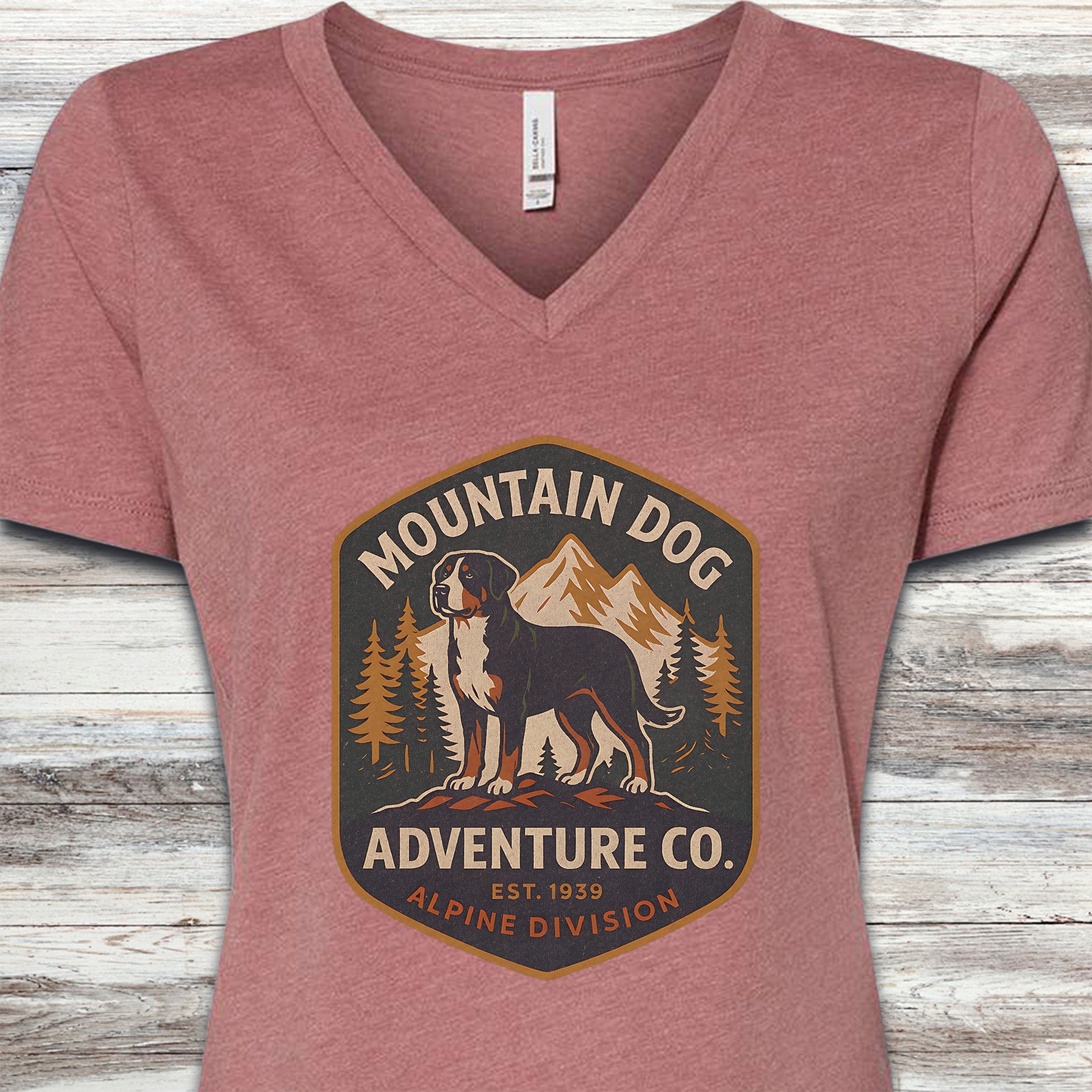 Swiss Mountain Dog Adventure Co V-Neck Tee - Heather Mauve