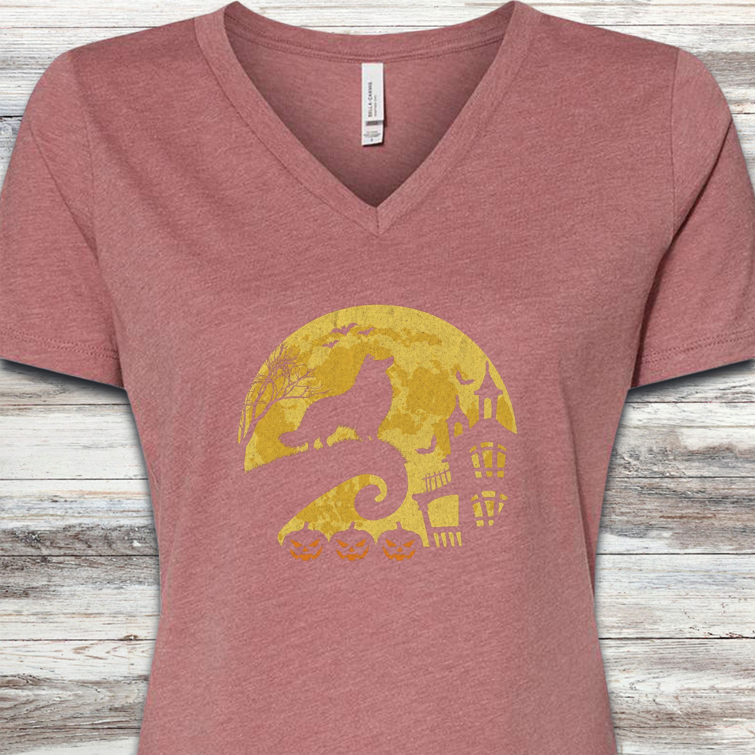Rough Collie Halloween Moon V-Neck Tee - Heather Mauve