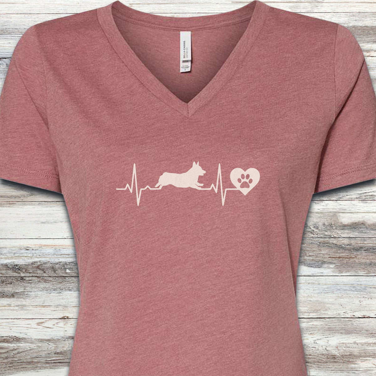 Corgi Heartbeat V-Neck Tee - Heather Mauve