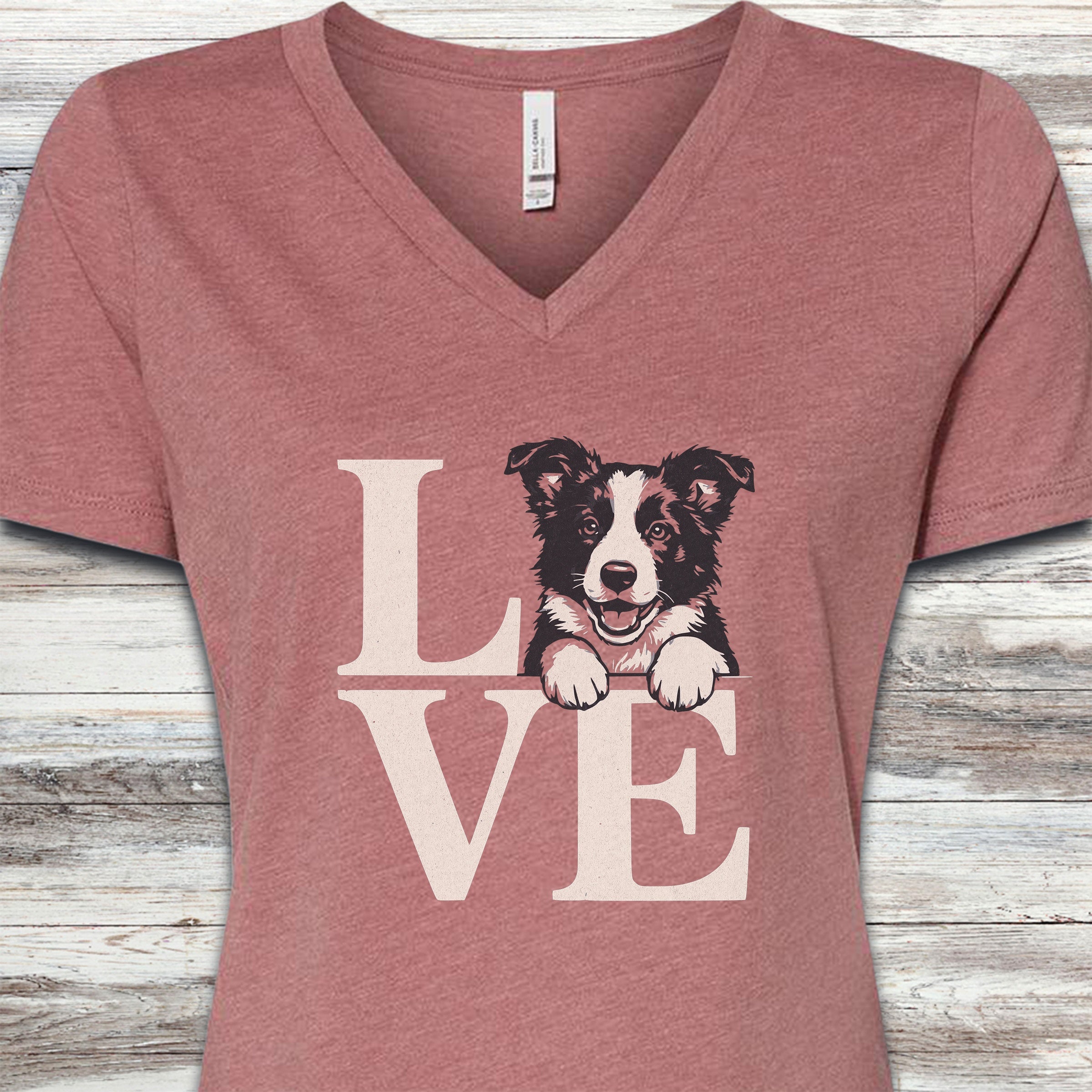 Border Collie Puppy Love V-Neck Tee - Heather Mauve