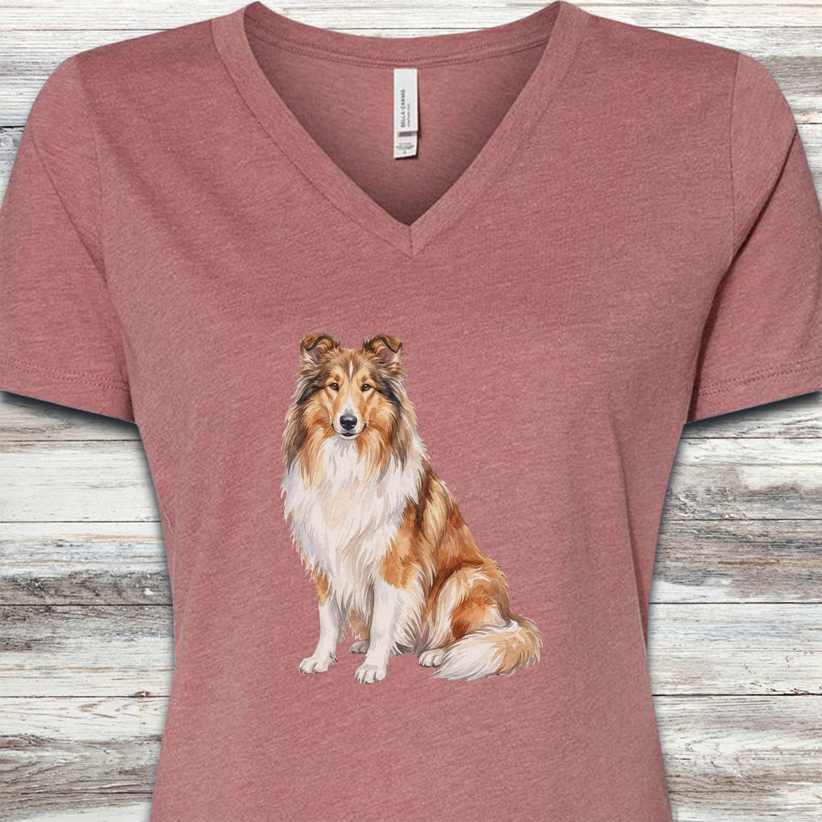 Rough Collie Watercolor V-Neck Tee - Heather Mauve