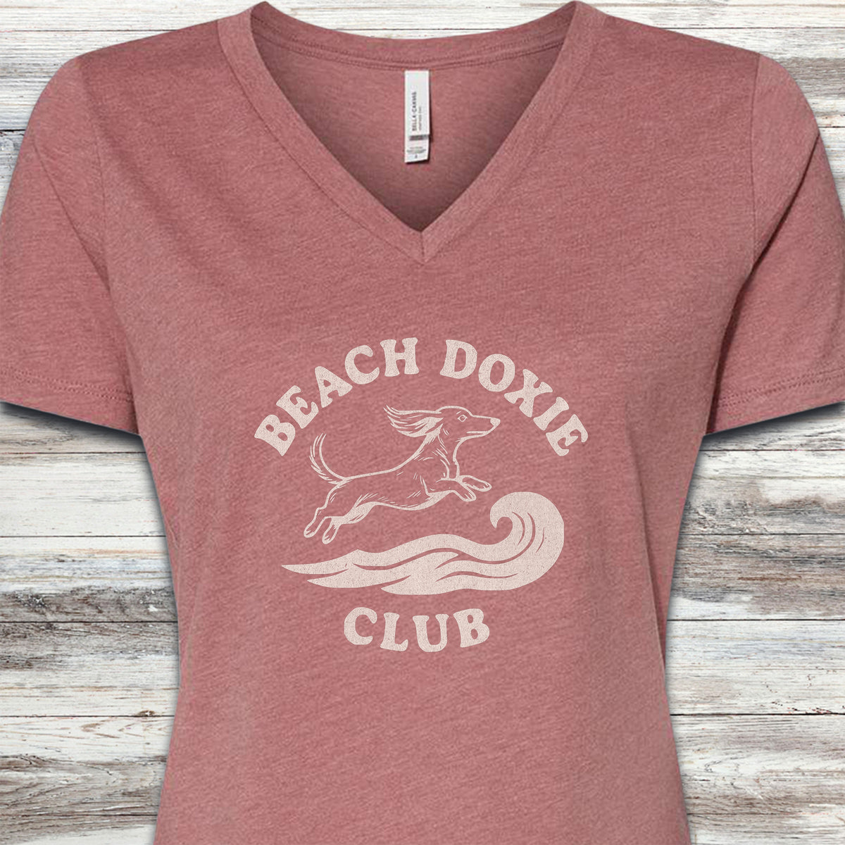 Dachshund Beach Doxie V-Neck Tee - Heather Mauve