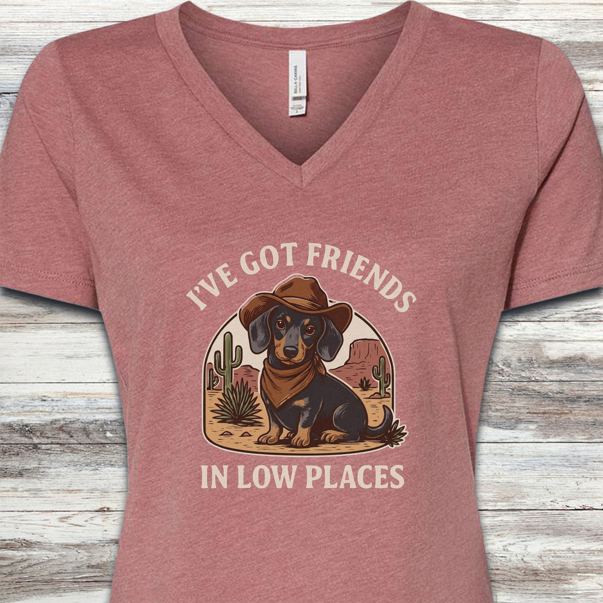 Dachshund Cowboy Friends V-Neck Tee - Heather Mauve