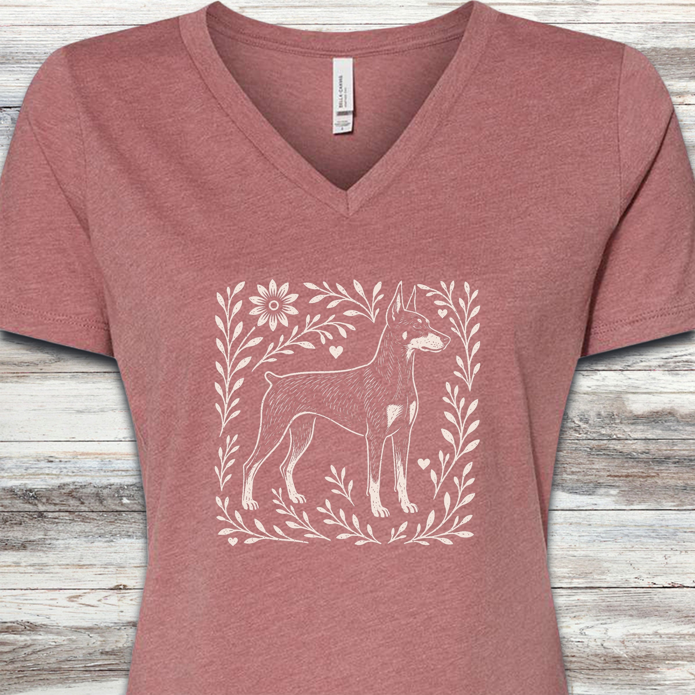 Doberman Linocut V-Neck Tee - Heather Mauve