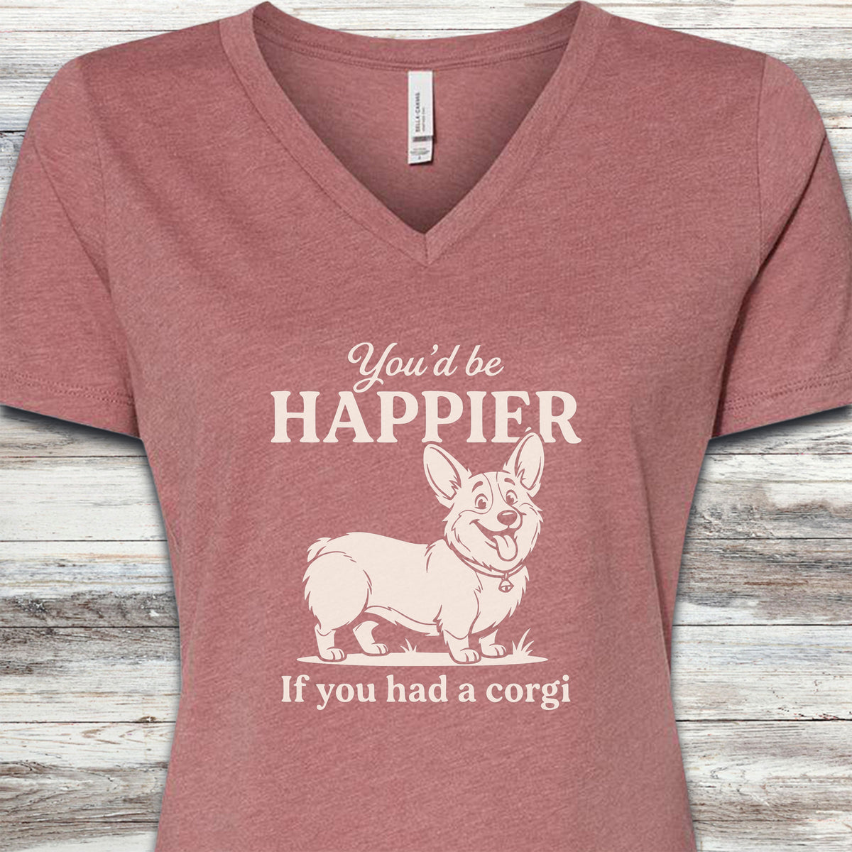 Corgi Happier V-Neck Tee - Heather Mauve