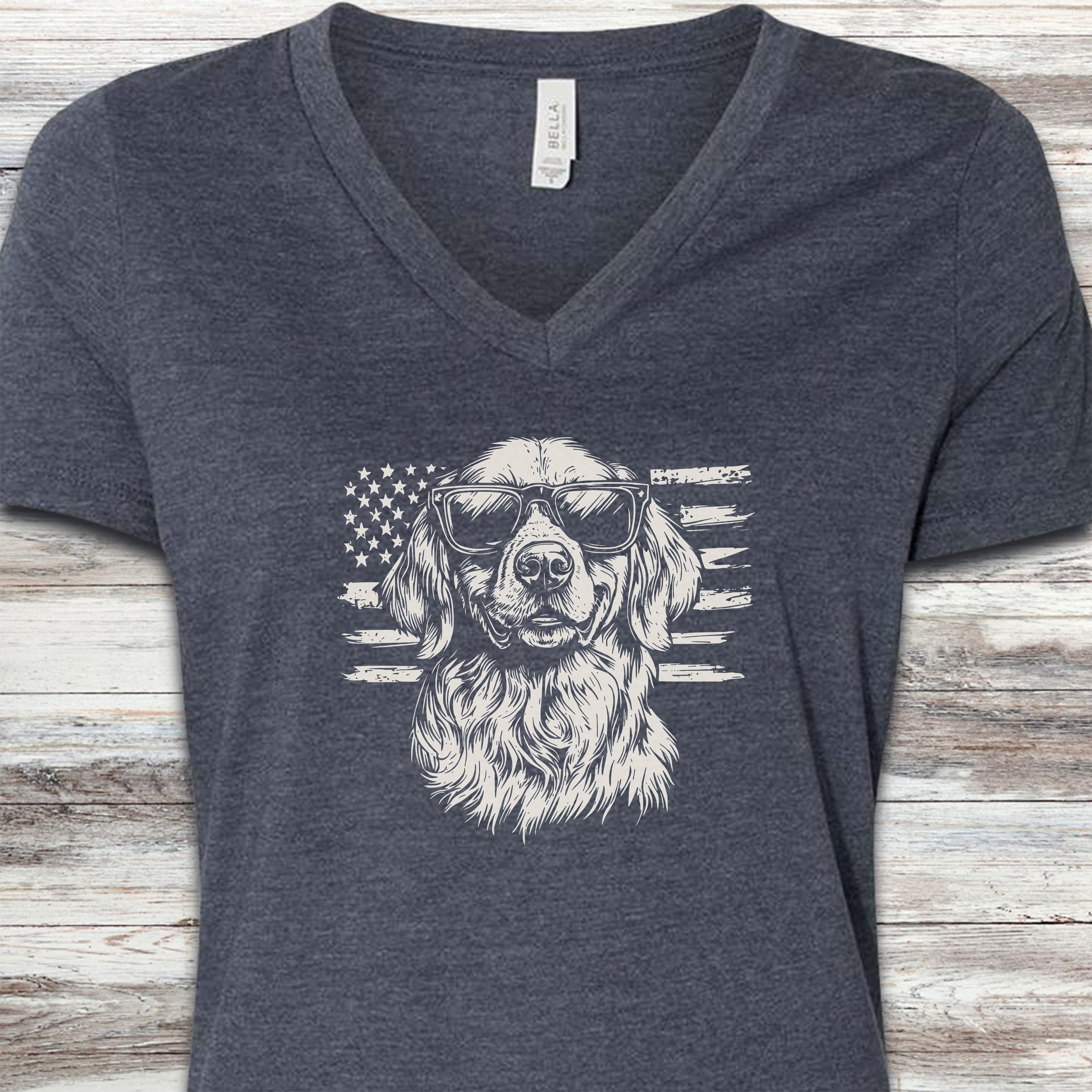 Golden Retriever Flag V-Neck Tee - Heather Navy