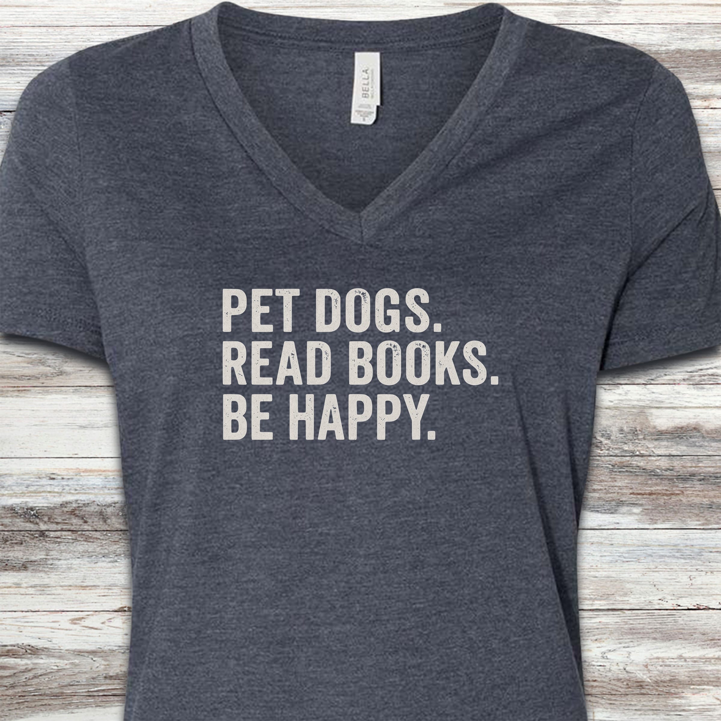 Dogs Books Happy V-Neck Tee - Heather Navy