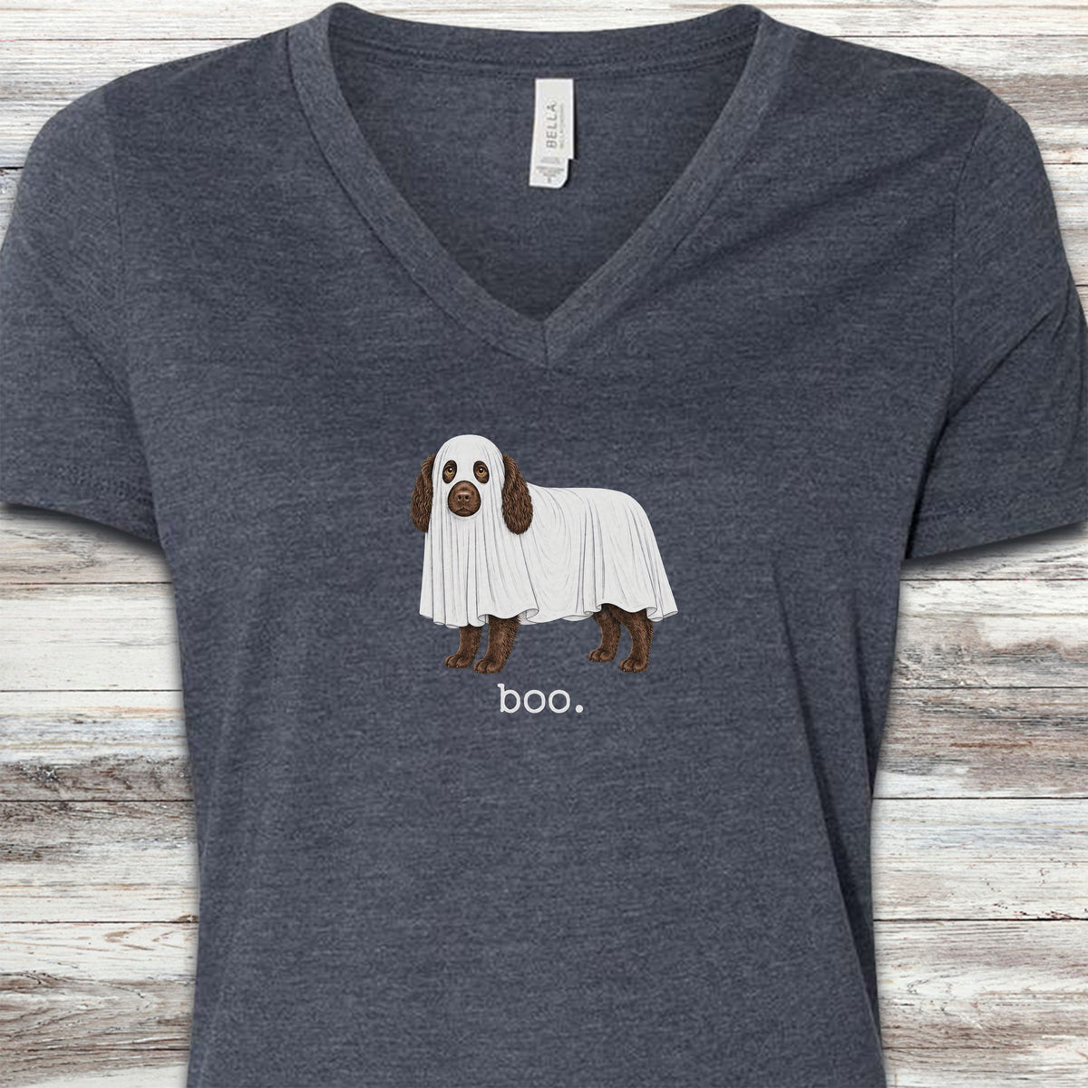Boykin Spaniel Boo V-Neck Tee - Heather Navy