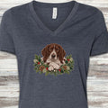 German Shorthaired Pointer Liver Patched Winter Greenery Faux Embroidery V-Neck Tee - Heather Navy
