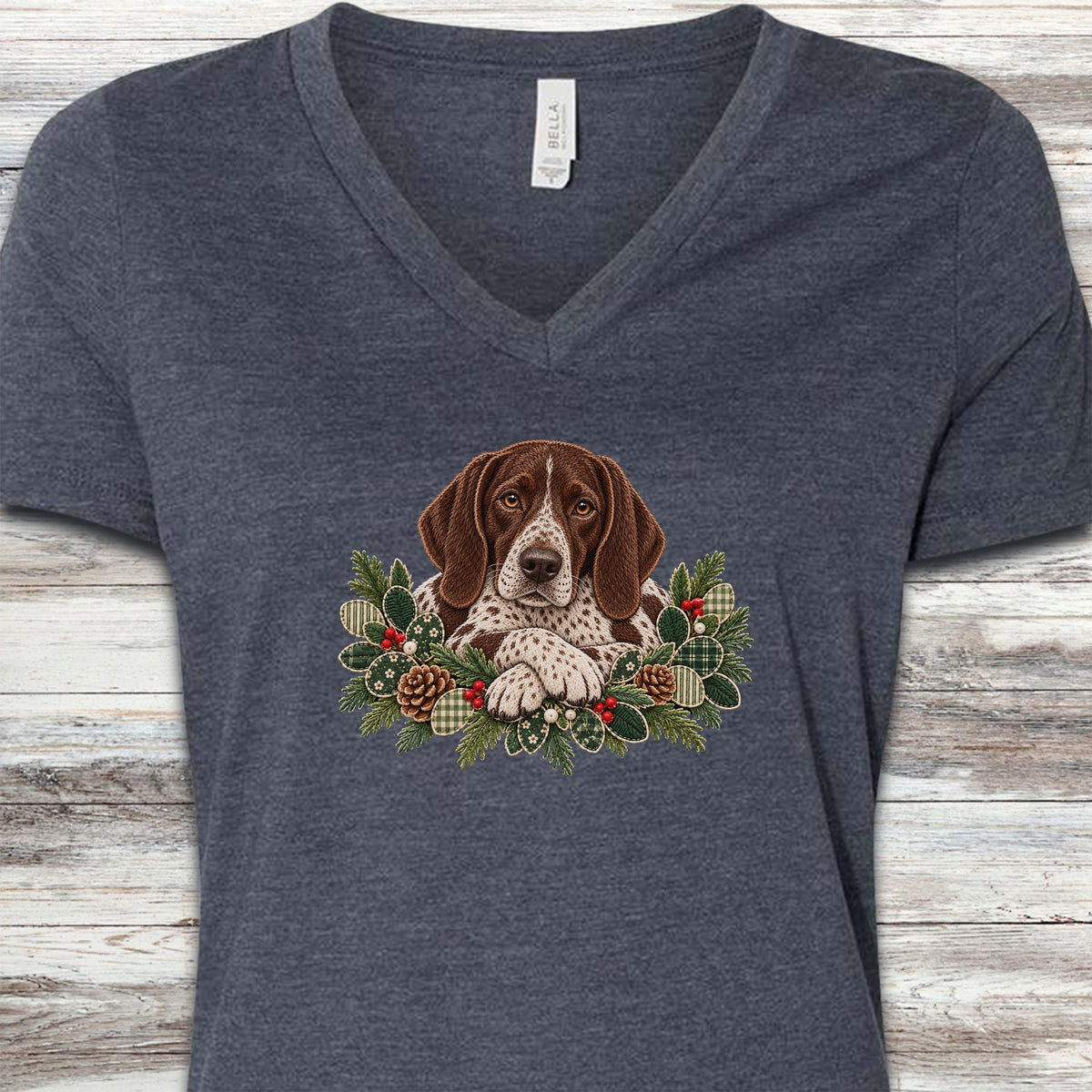 German Shorthaired Pointer Liver Patched Winter Greenery Faux Embroidery V-Neck Tee - Heather Navy