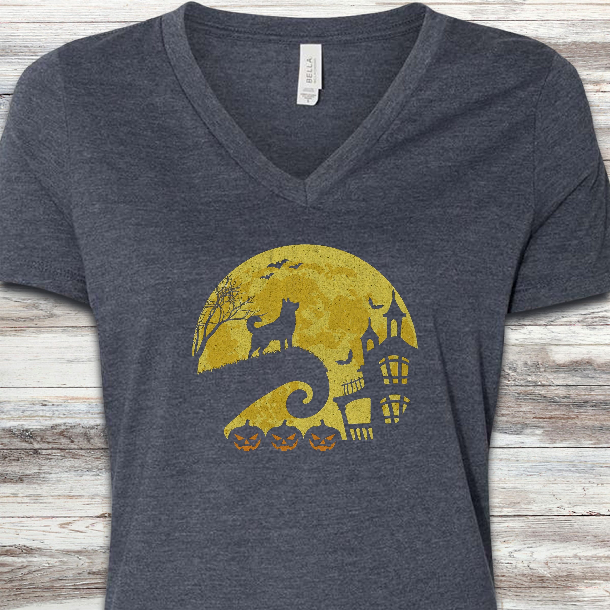 Husky Halloween Moon V-Neck Tee - Heather Navy
