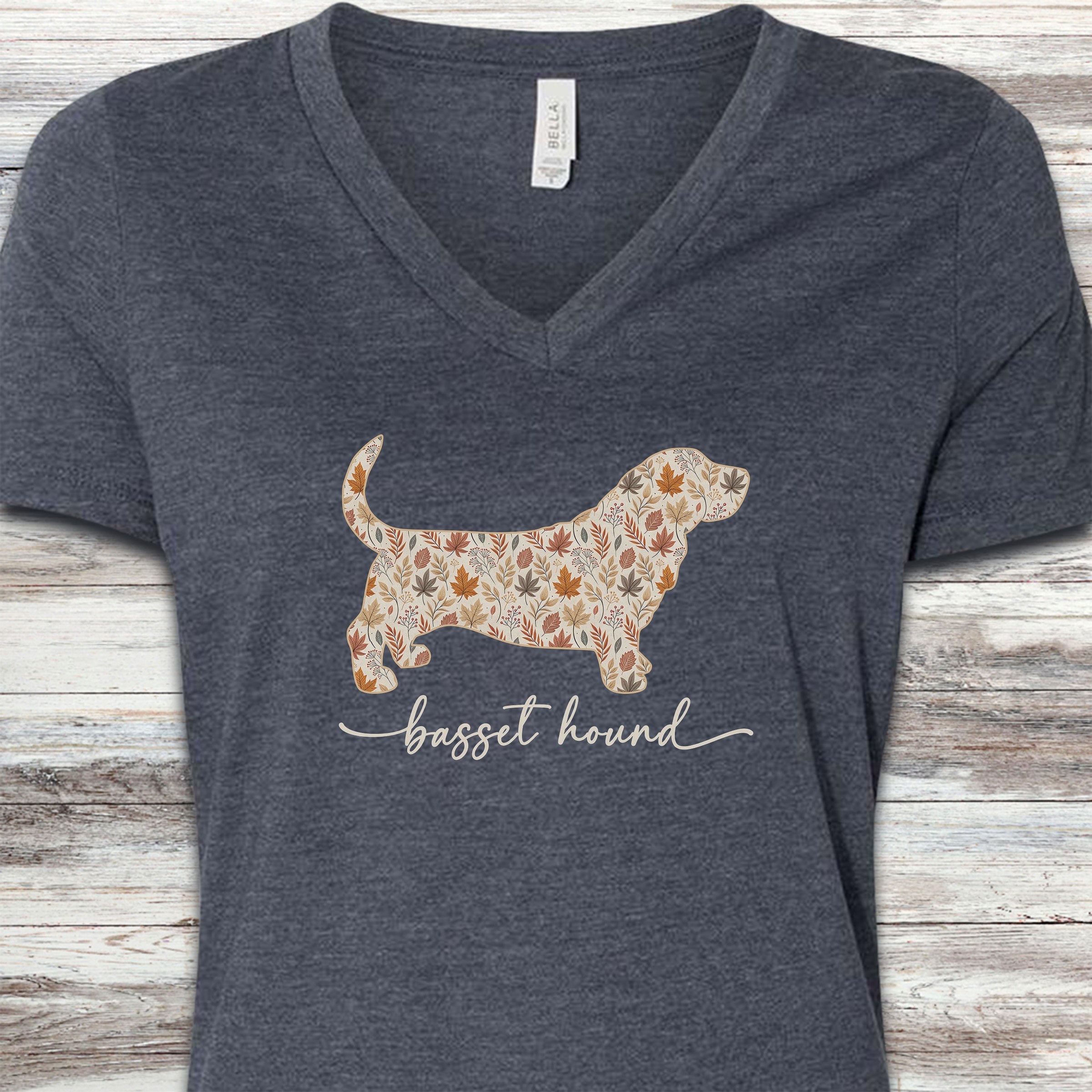 Basset Hound Fall V-Neck Tee - Heather Navy