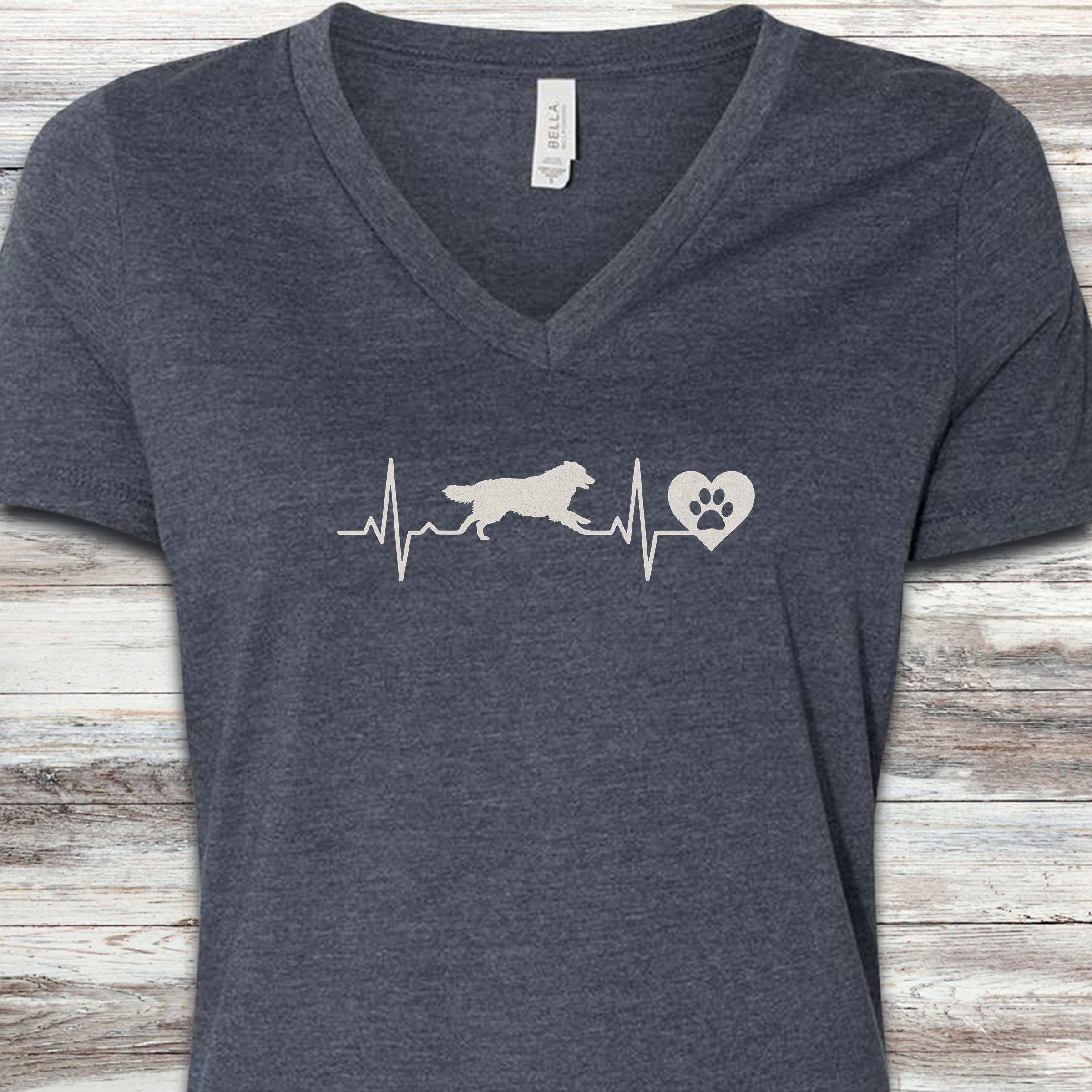 Australian Shepherd Heartbeat V-Neck Tee - Heather Navy